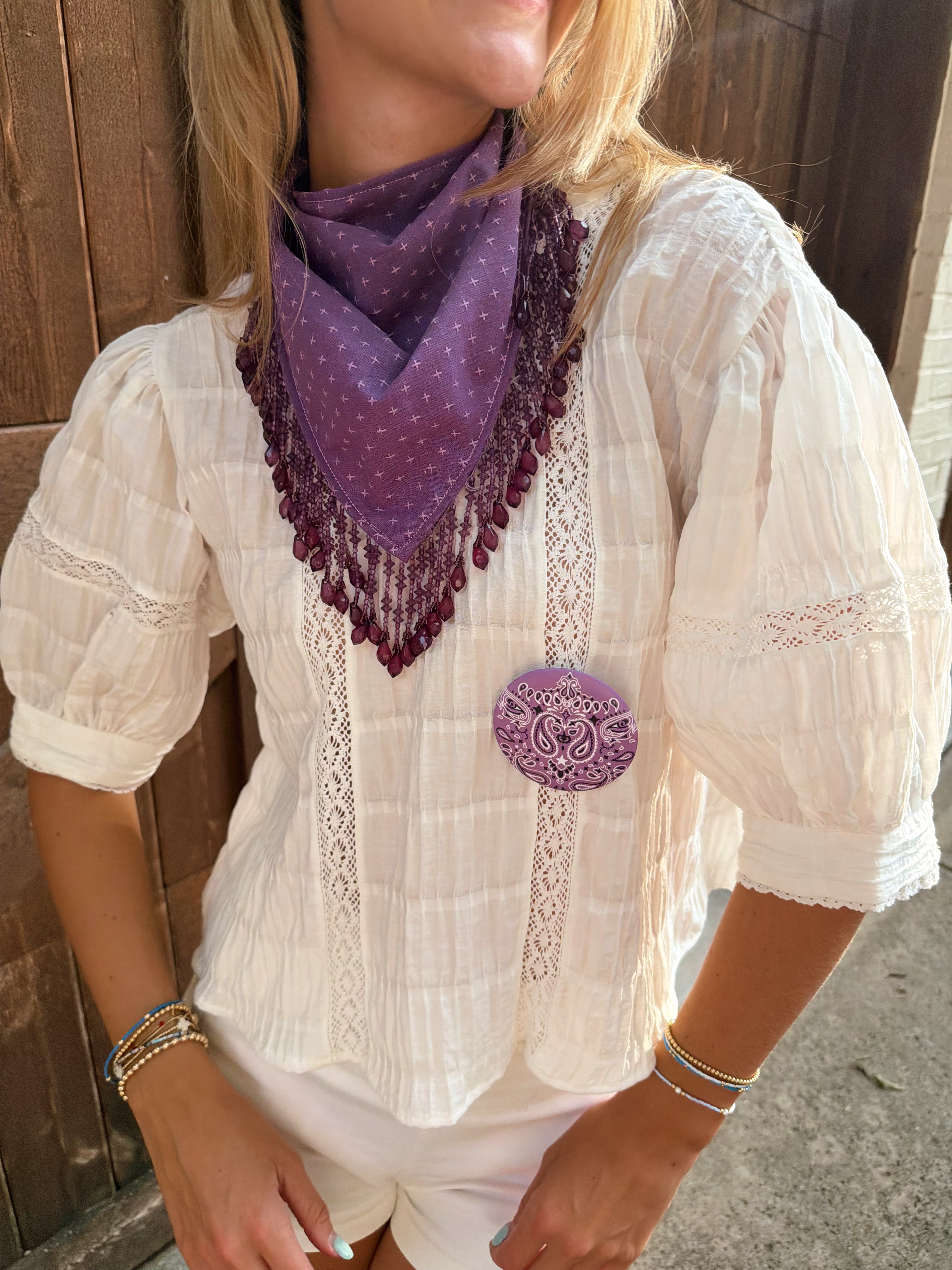 The Purple Cross Stitch Beaded Trim Neck Scarf