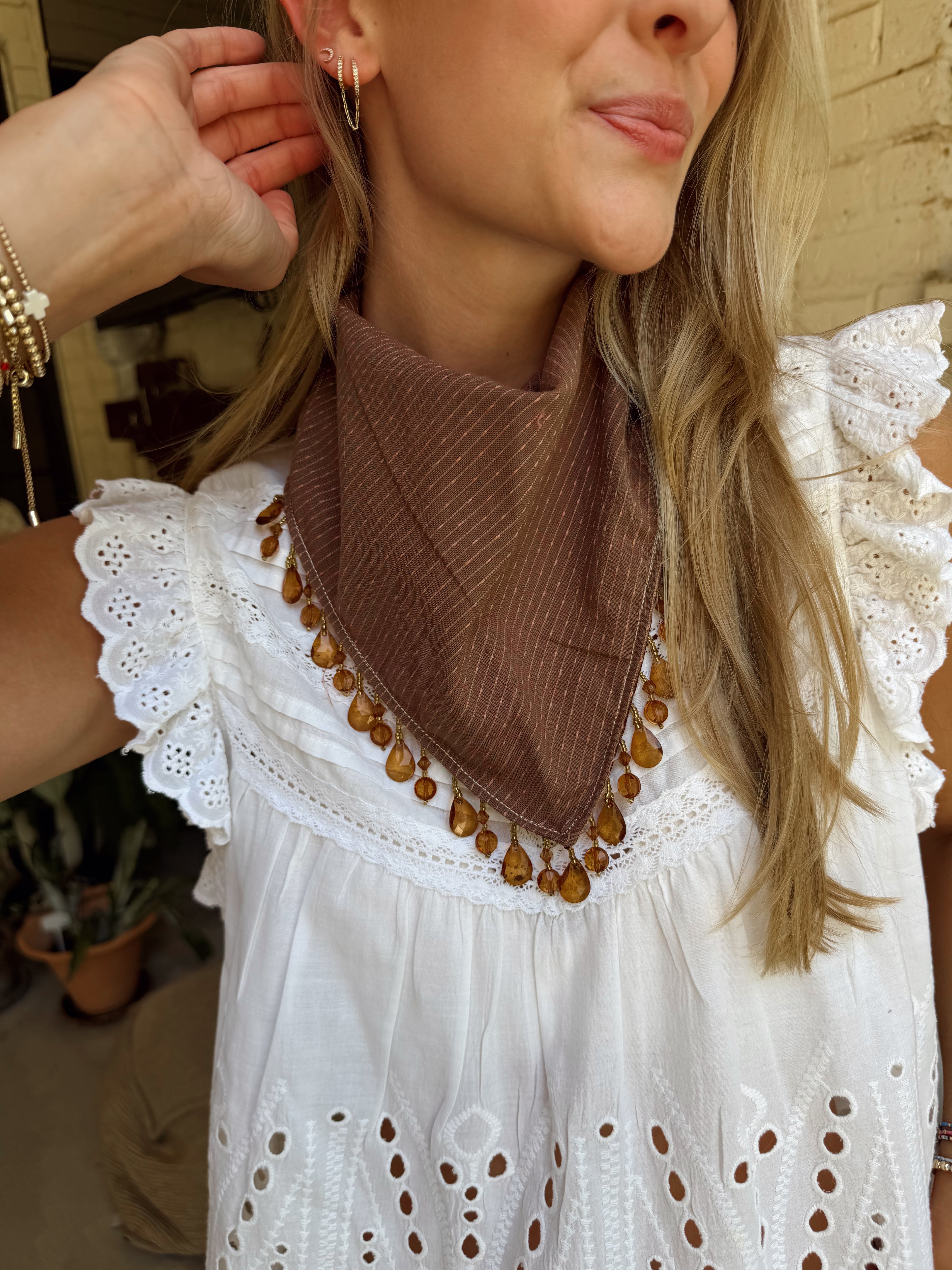 The Brown Beaded Trim Neck Scarf