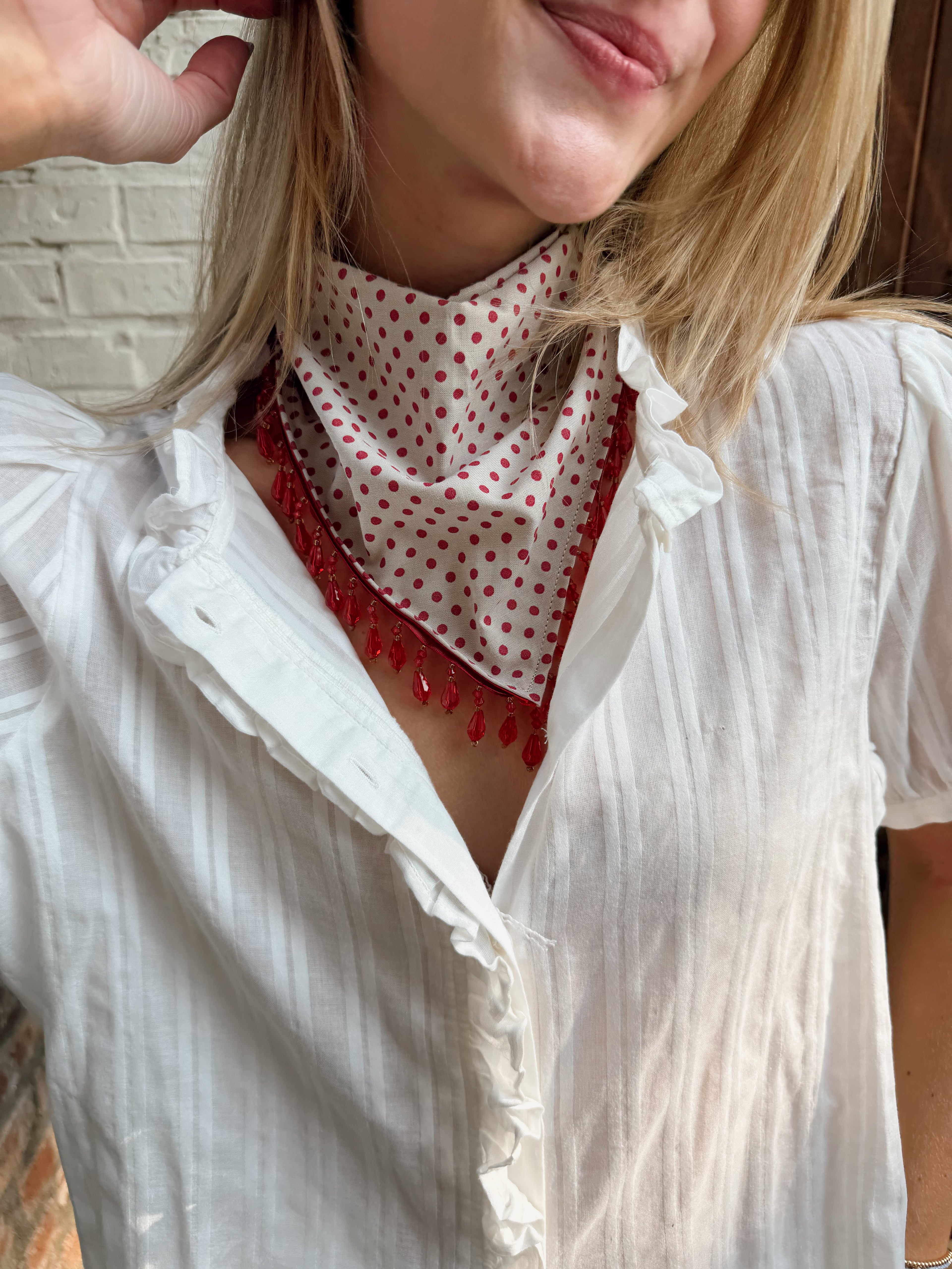 The Red Polka Dot Beaded Trim Neck Scarf