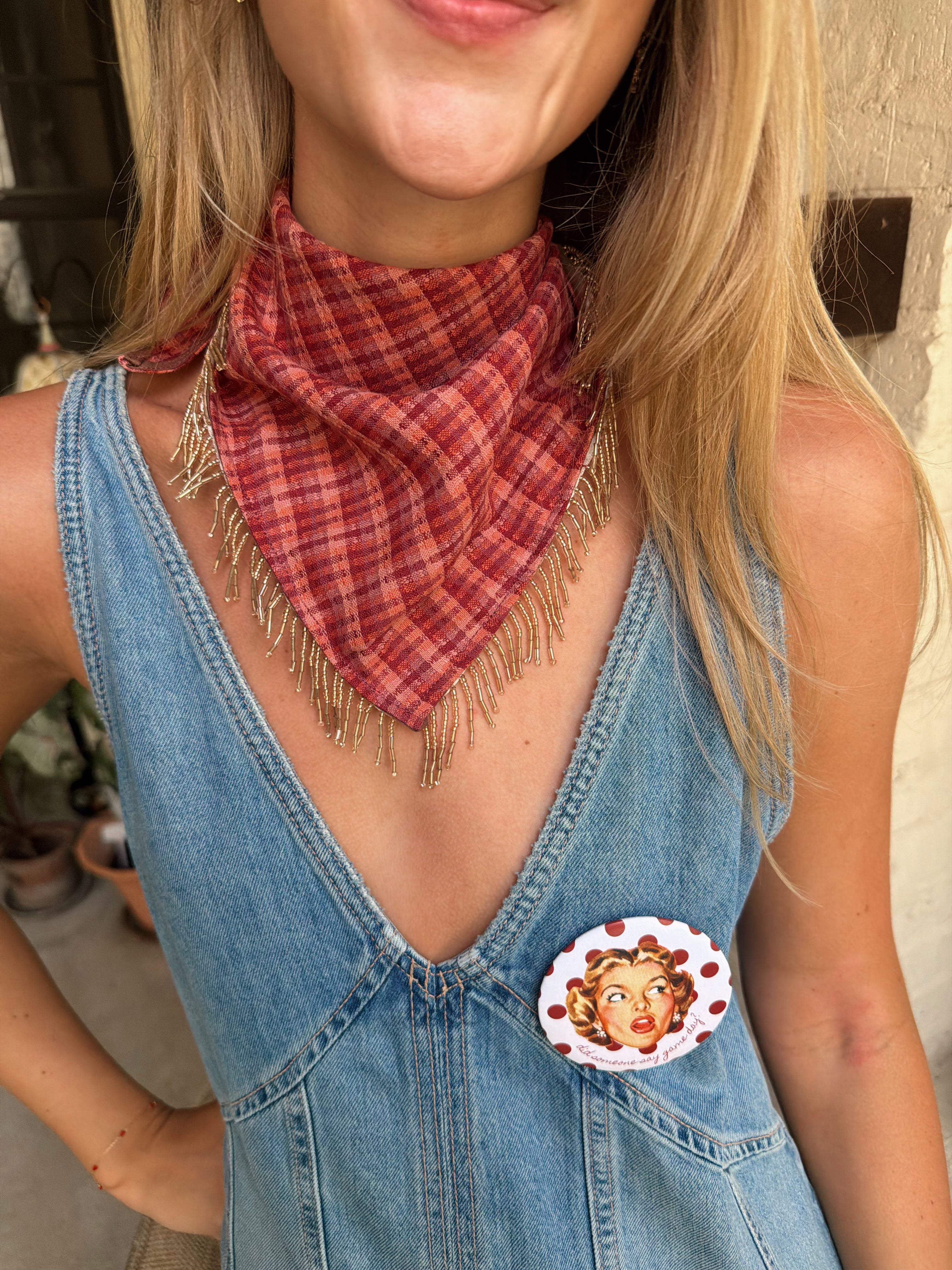 The Maroon Plaid Beaded Trim Neck Scarf