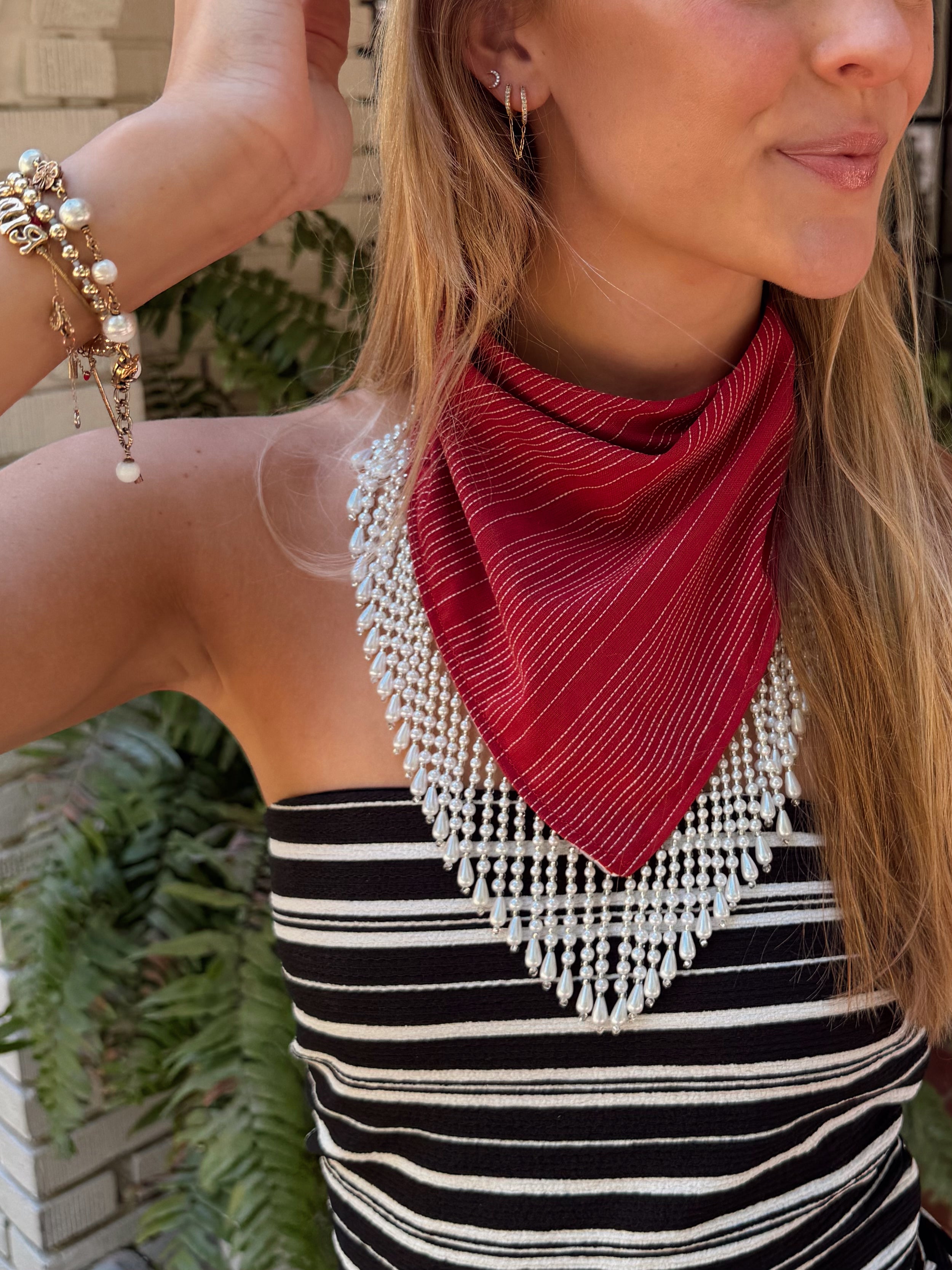 The Red and White Stripe Beaded Trim Neck Scarf