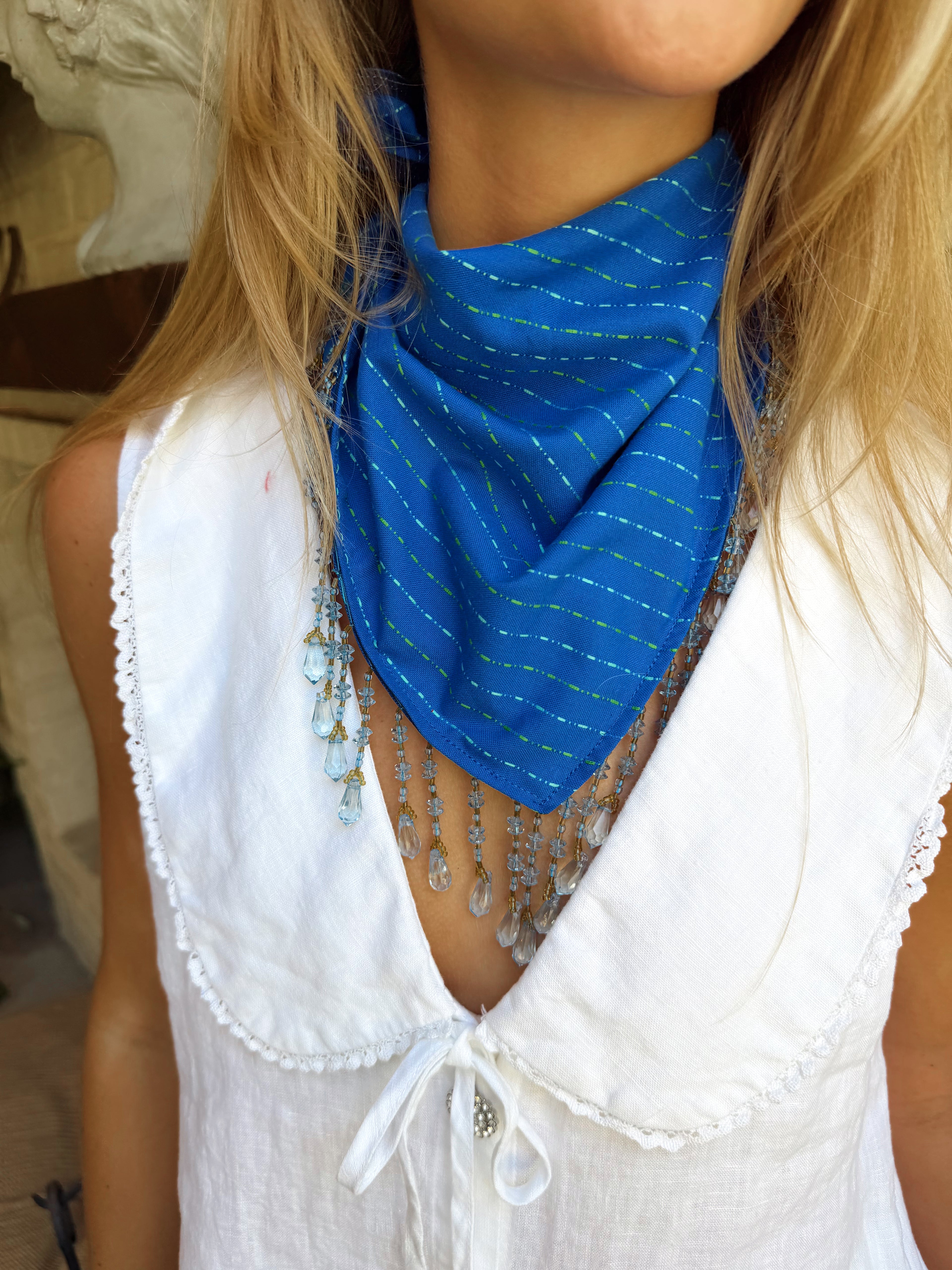 The Bright Blue Beaded Trim Neck Scarf