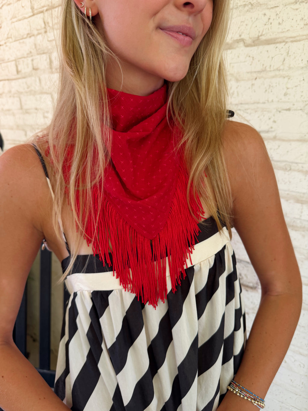 The Red Cross Stitch Fringe Trim Neck Scarf