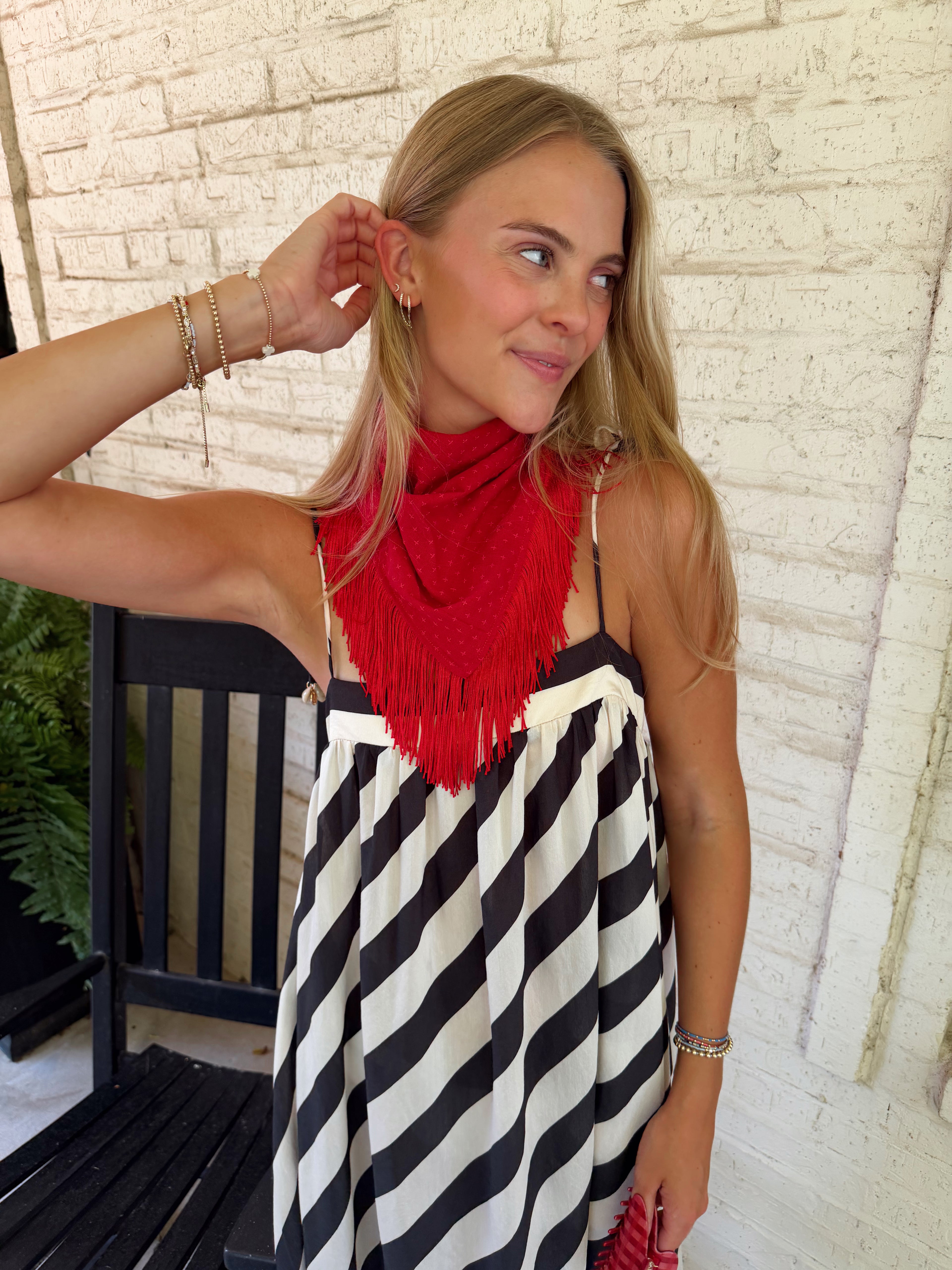 The Red Cross Stitch Fringe Trim Neck Scarf
