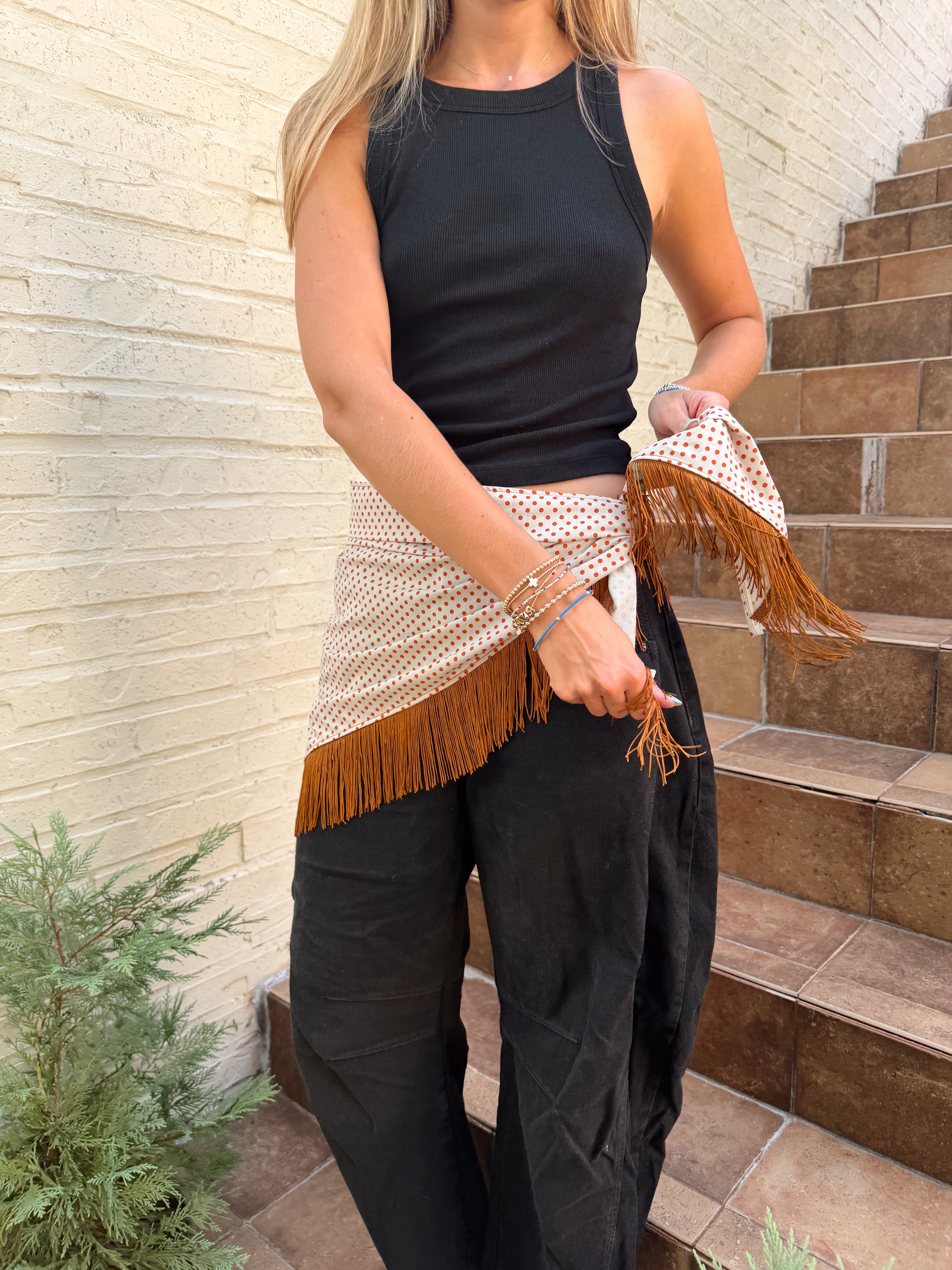 The Brown Polka Dot Fringe Trim Waist Scarf