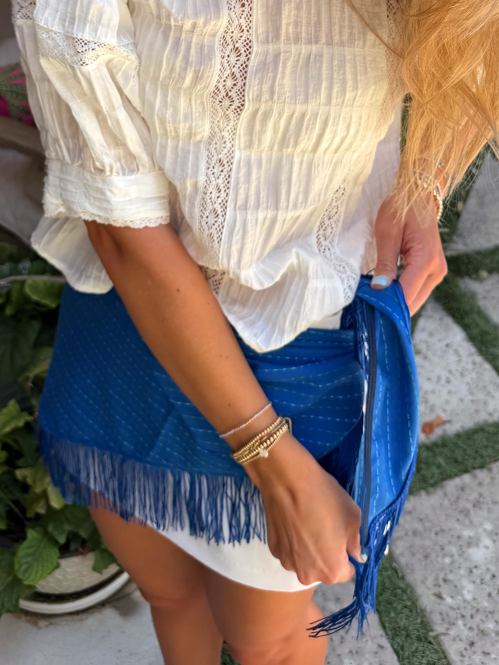 The Bright Blue Fringe Trim Waist Scarf