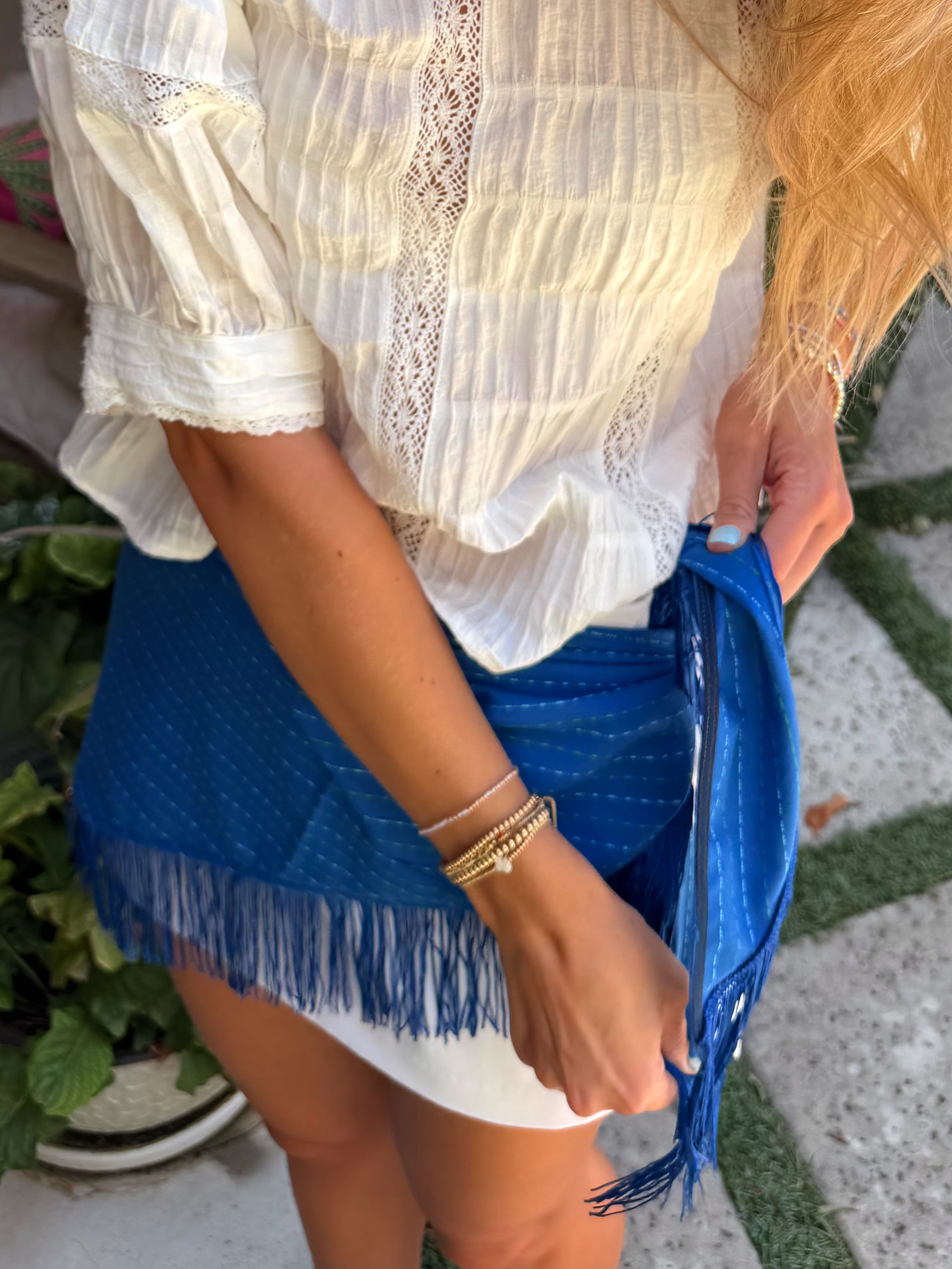 The Bright Blue Fringe Trim Waist Scarf
