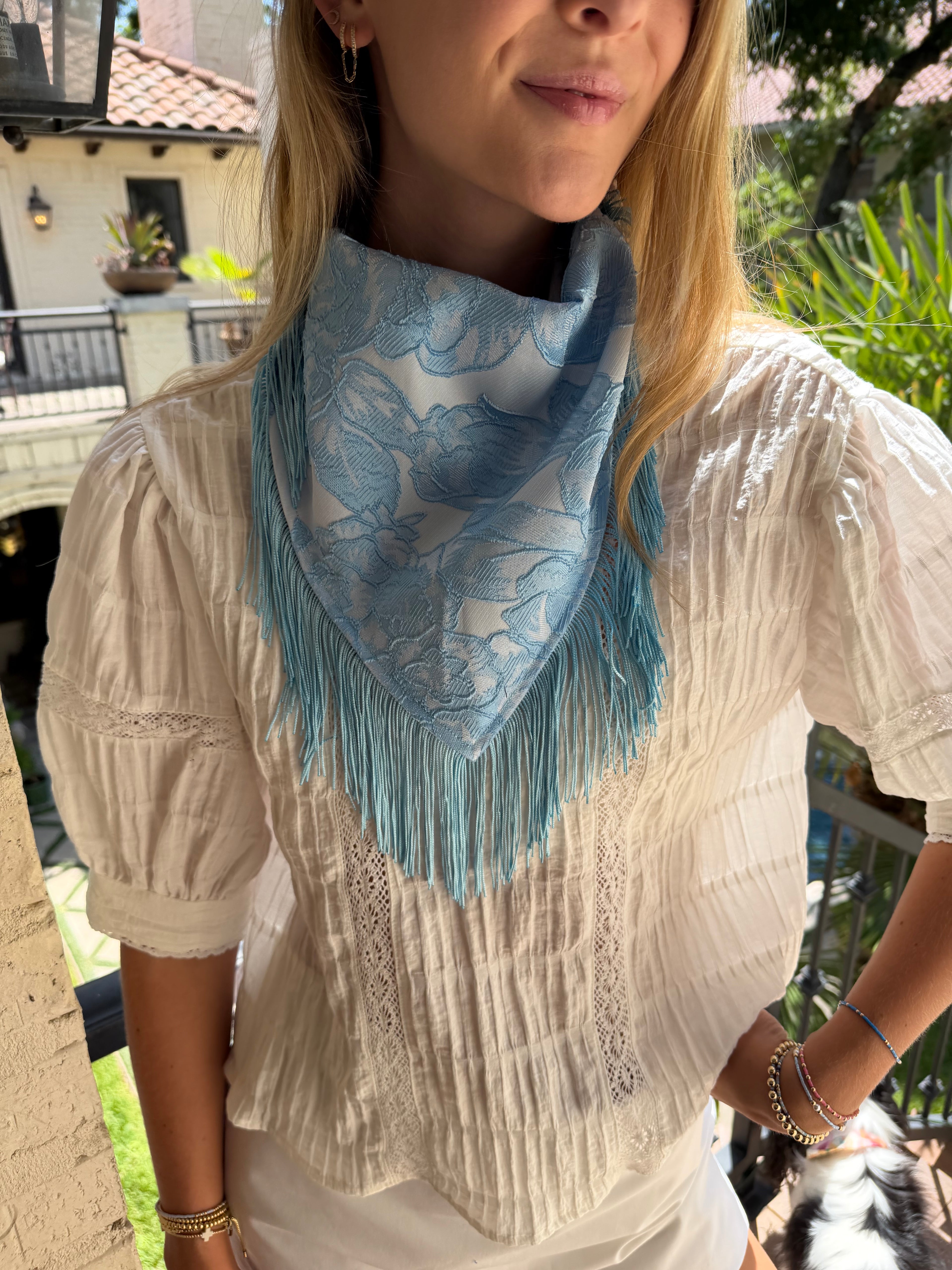 The Light Blue Brocade Fringe Trim Neck Scarf