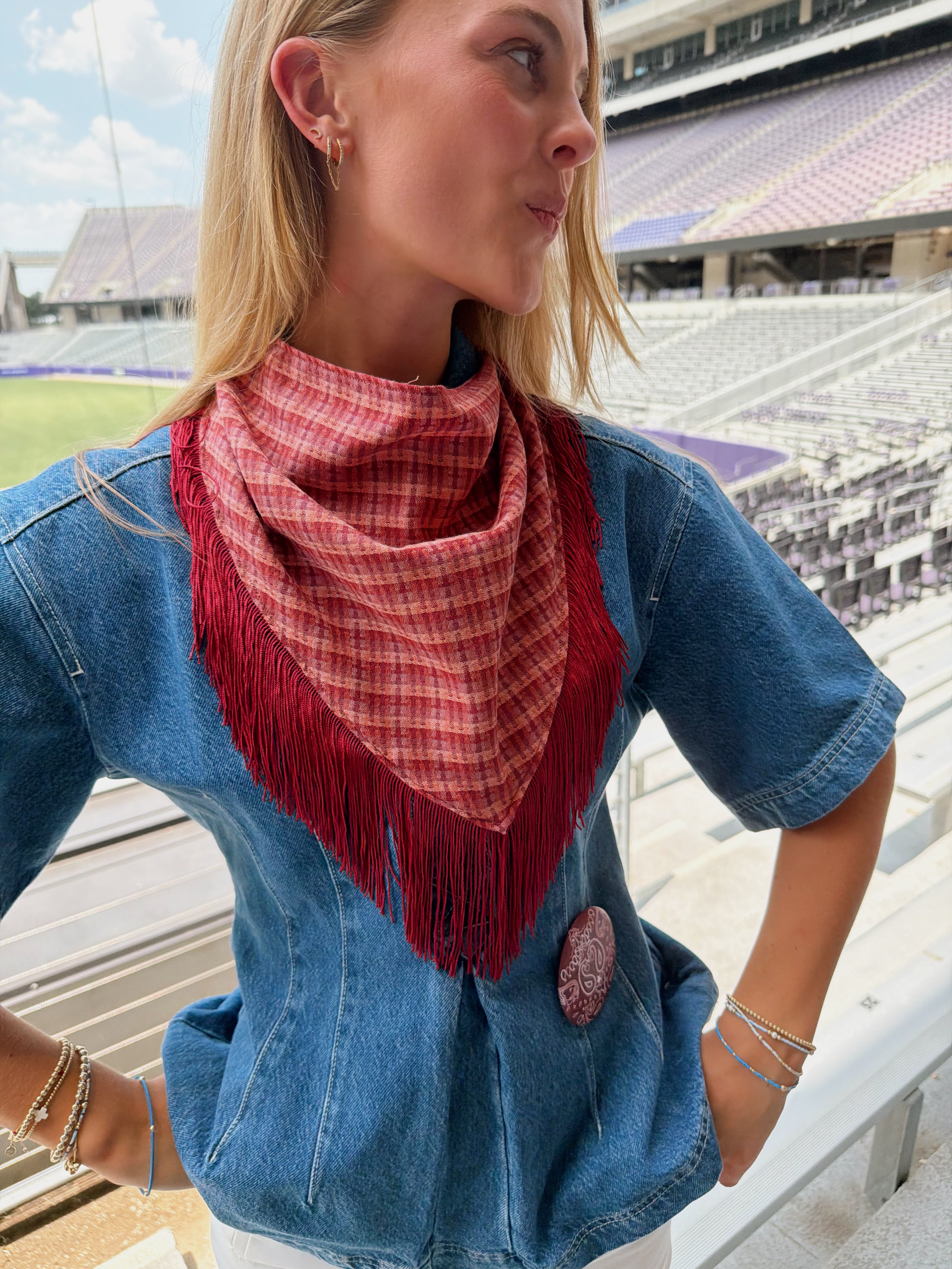 The Maroon Plaid Fringe Trim Neck Scarf