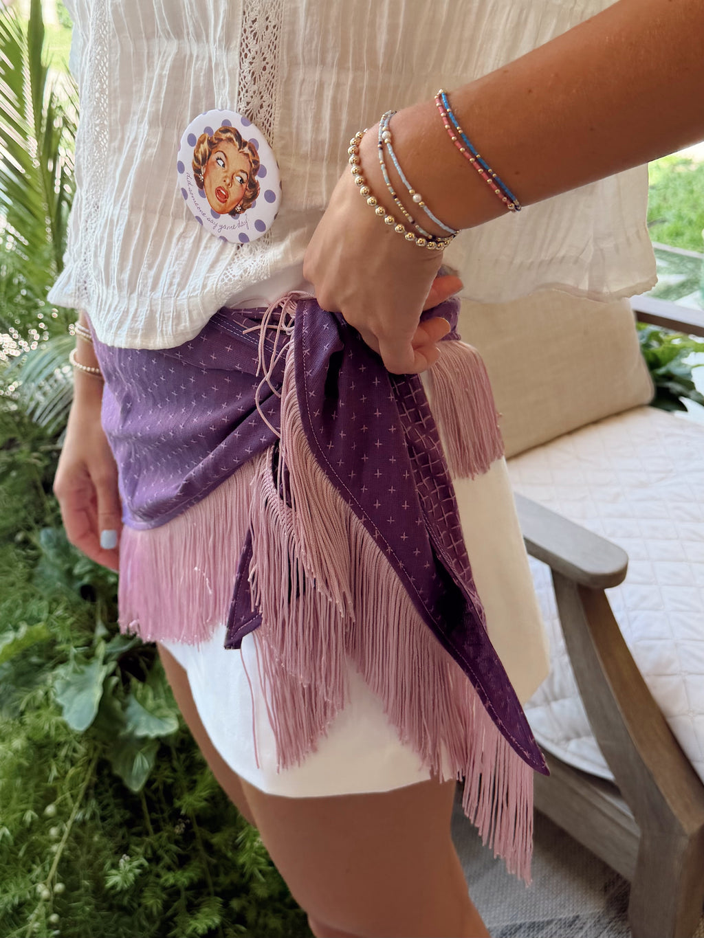 The Purple Cross Stitch Fringe Trim Waist Scarf