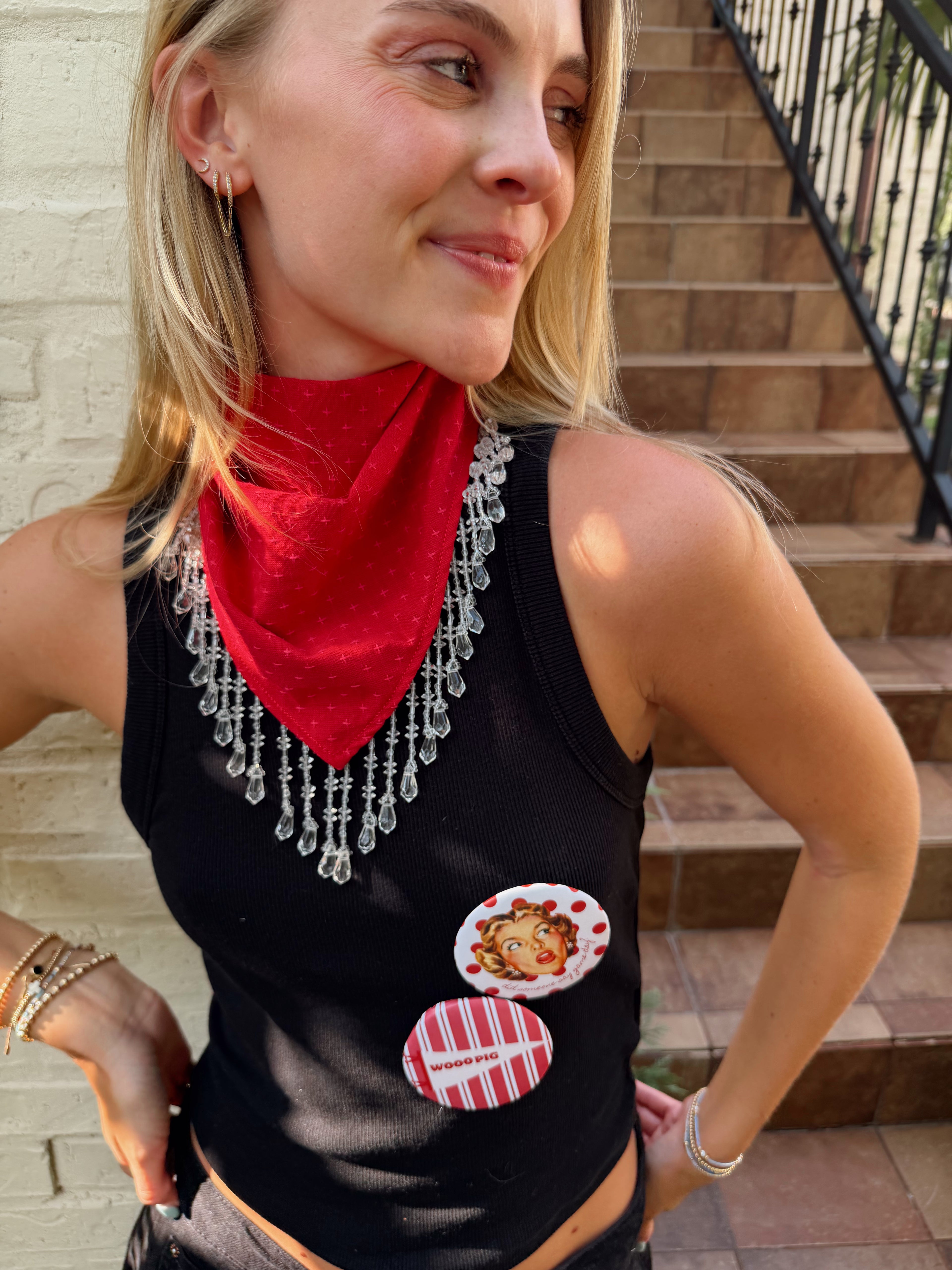 The Red Cross Stitch Beaded Trim Neck Scarf
