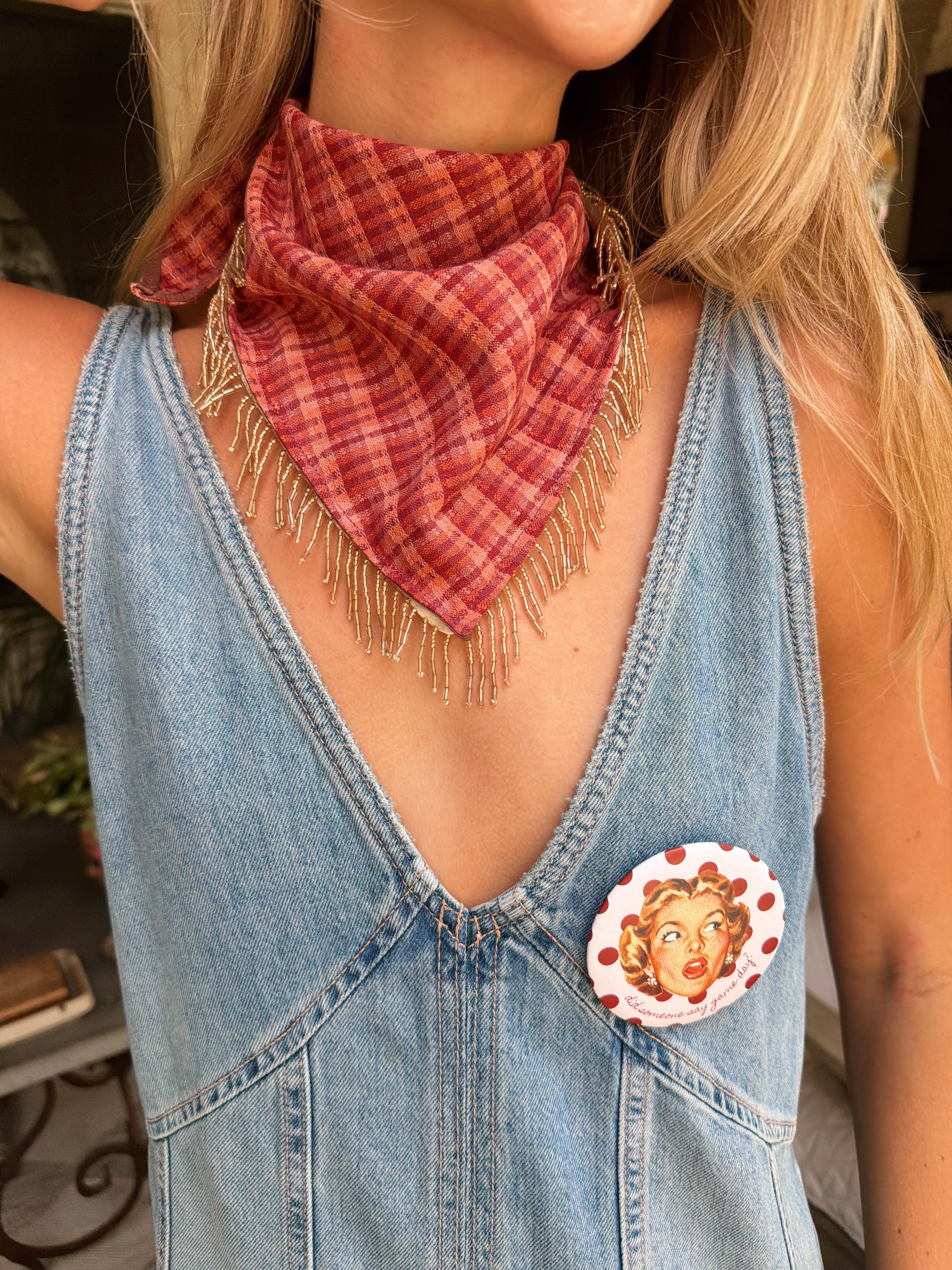 The Maroon Plaid Beaded Trim Neck Scarf