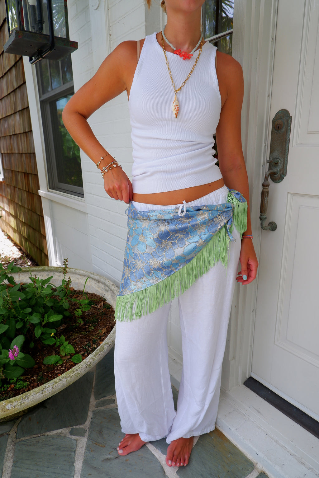 Blue Floral Waist Scarf with Tassel Fringe