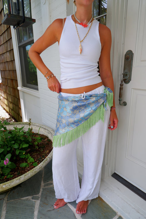 Blue Floral Waist Scarf with Tassel Fringe