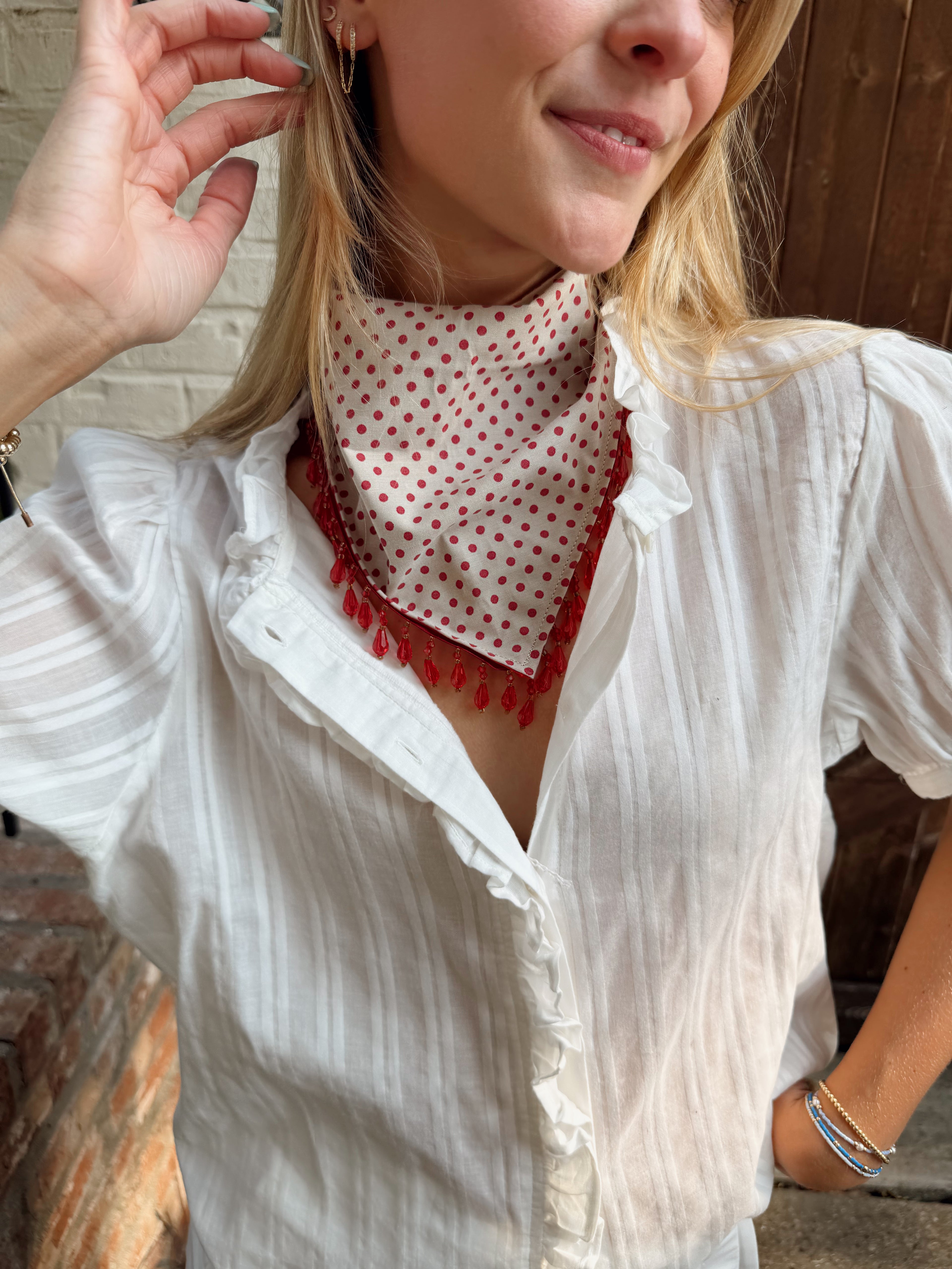 The Red Polka Dot Beaded Trim Neck Scarf