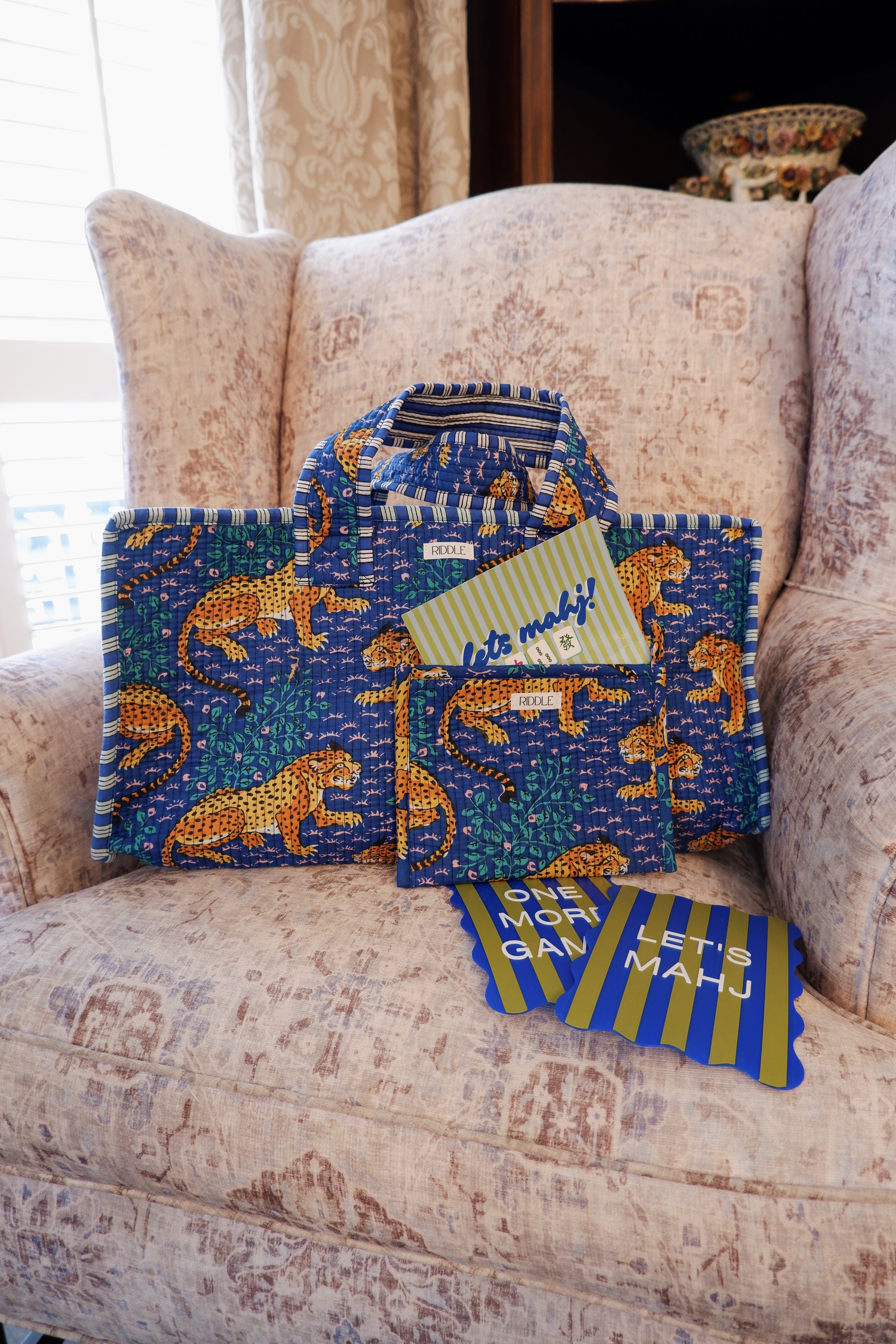 The Mahjong Bag in Navy Blue Tigers