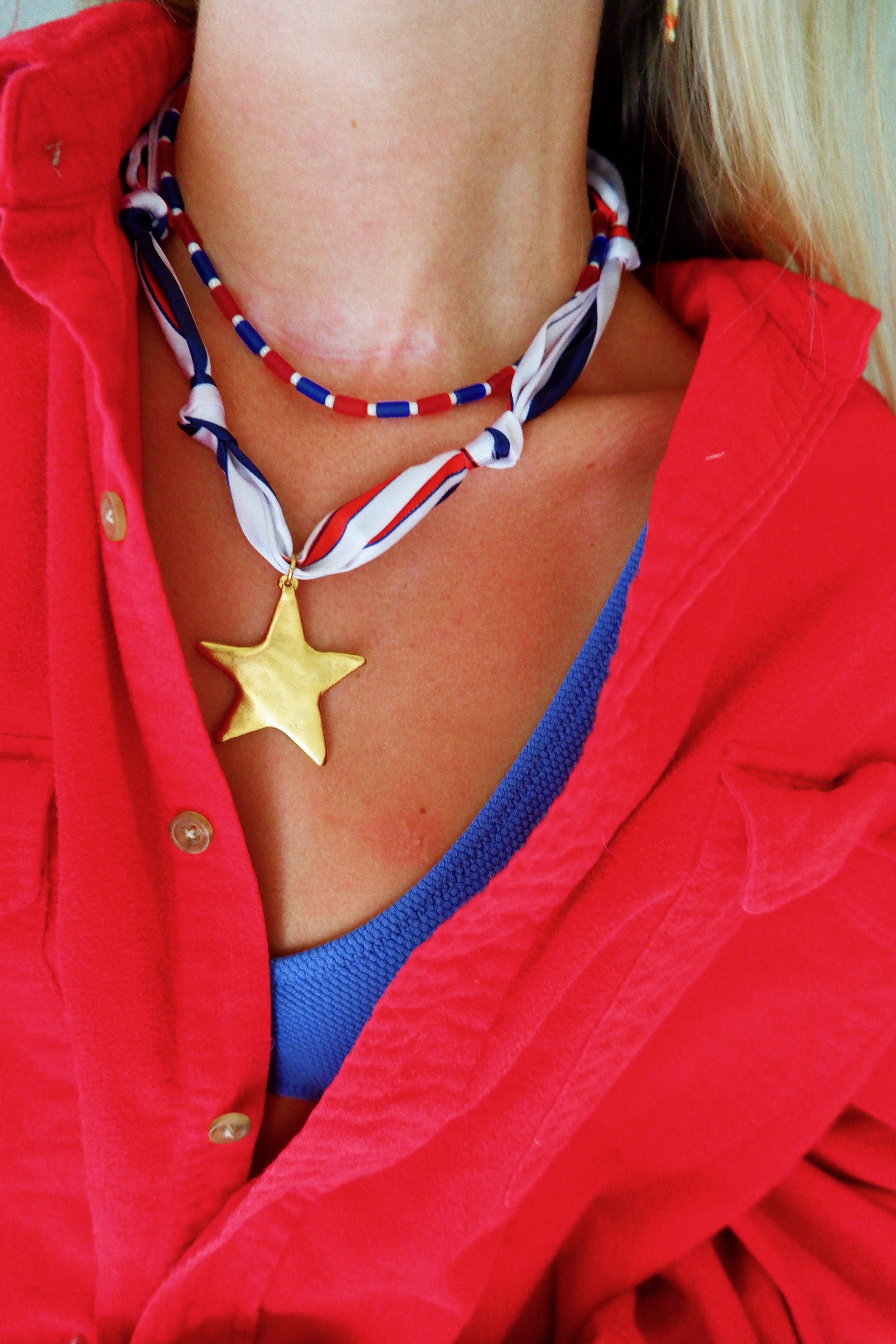 The Red and Blue Striped Beaded Necklace