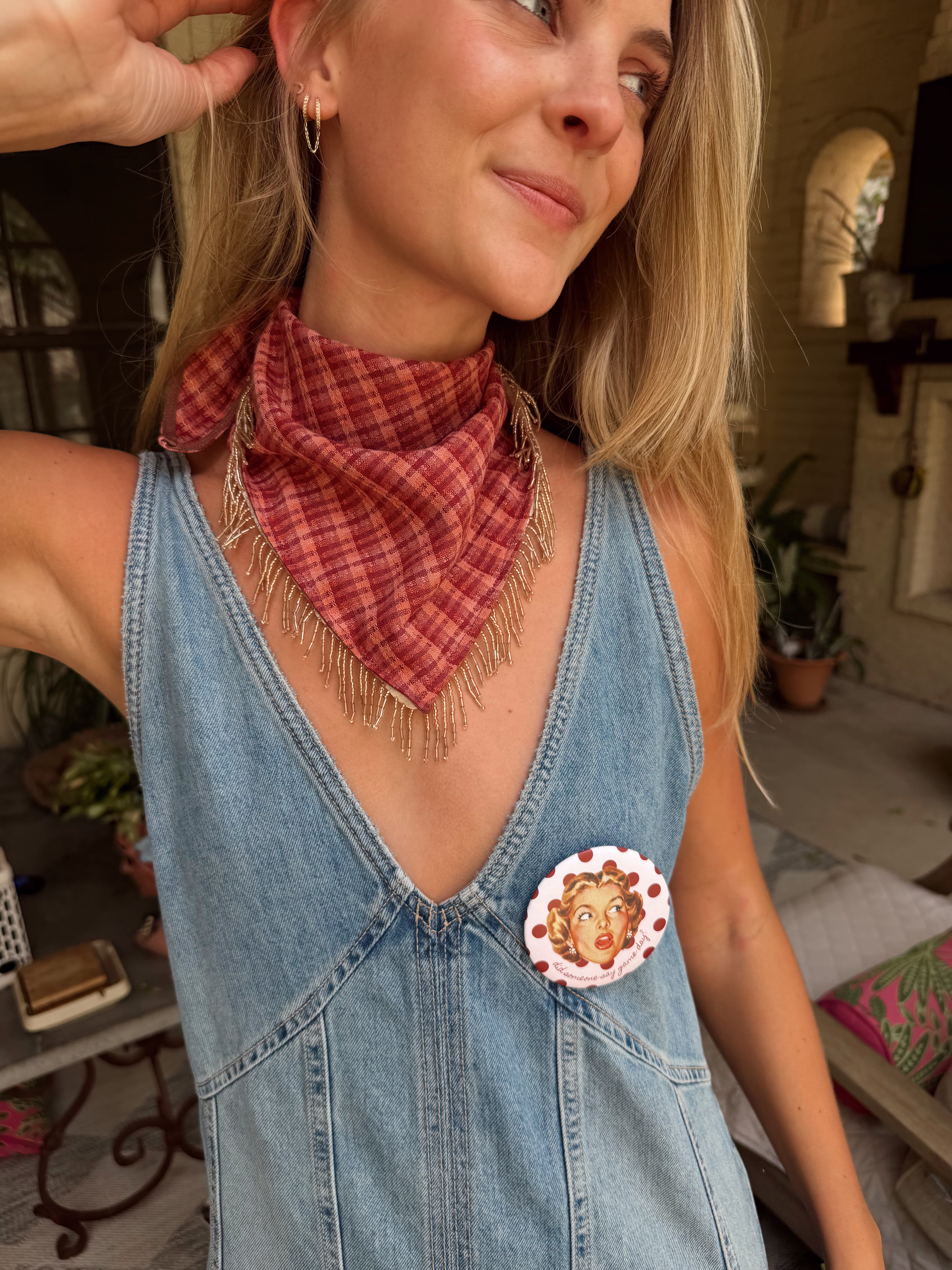 The Maroon Plaid Beaded Trim Neck Scarf