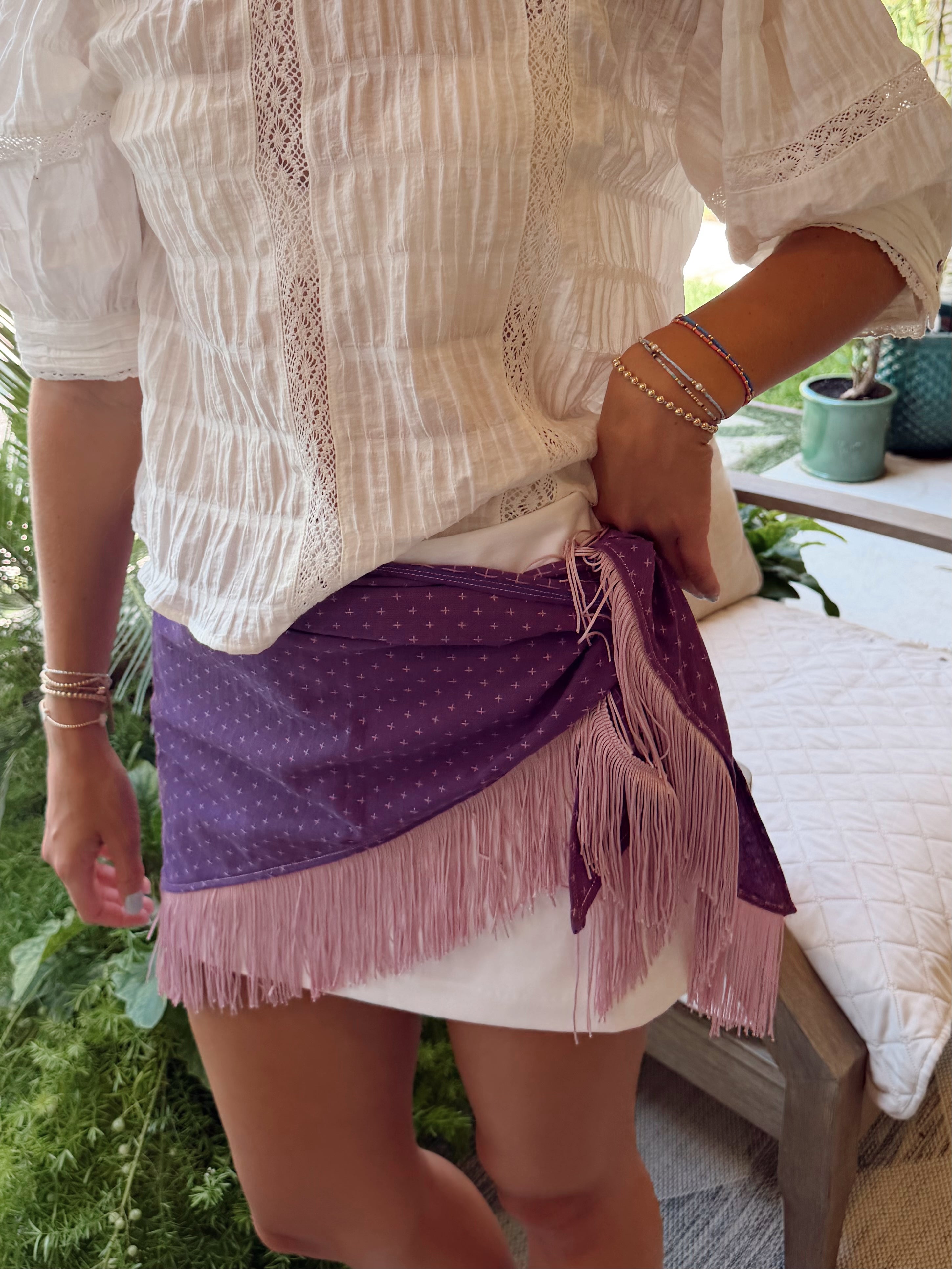 The Purple Cross Stitch Fringe Trim Waist Scarf