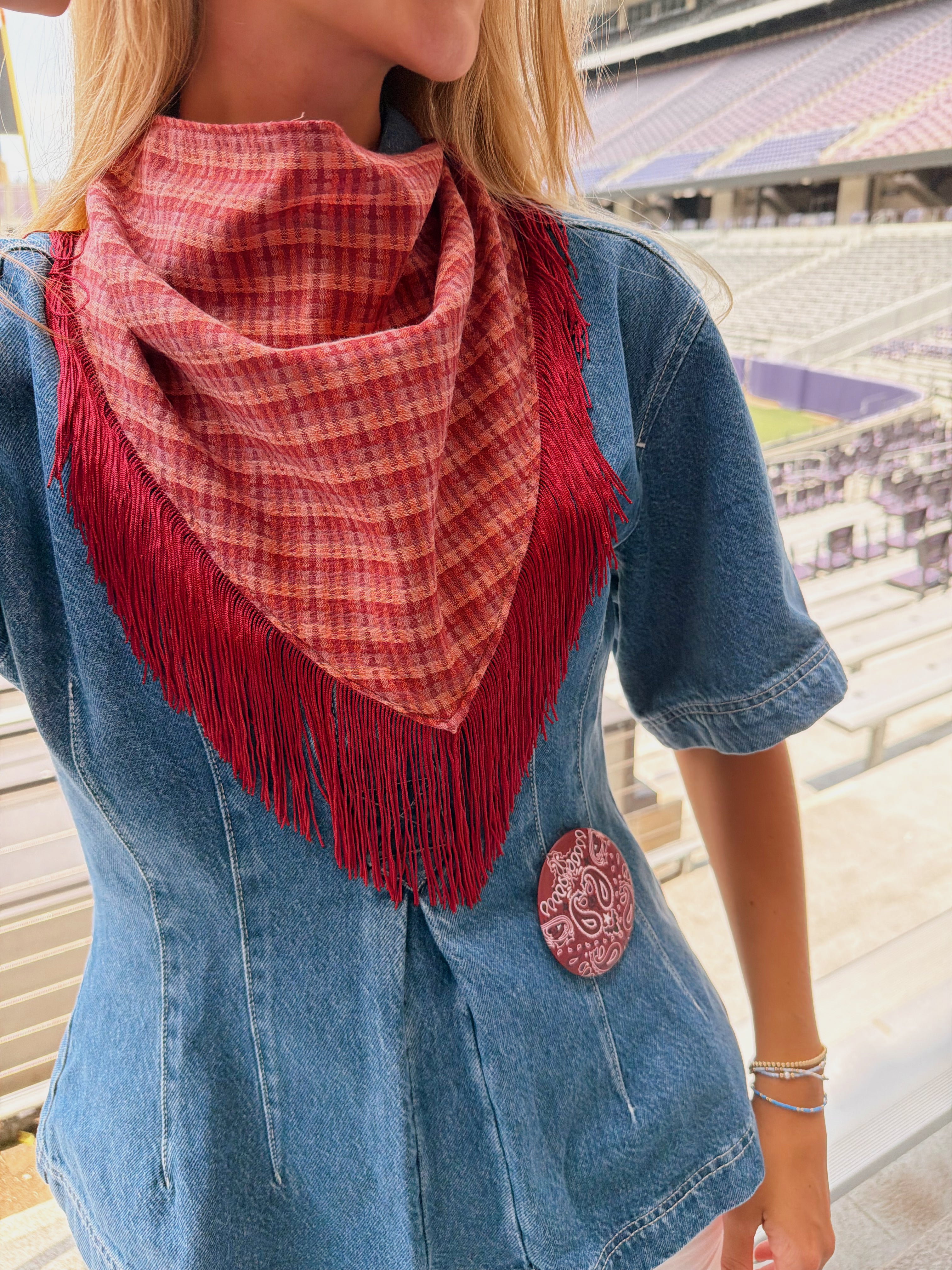 The Maroon Plaid Fringe Trim Neck Scarf