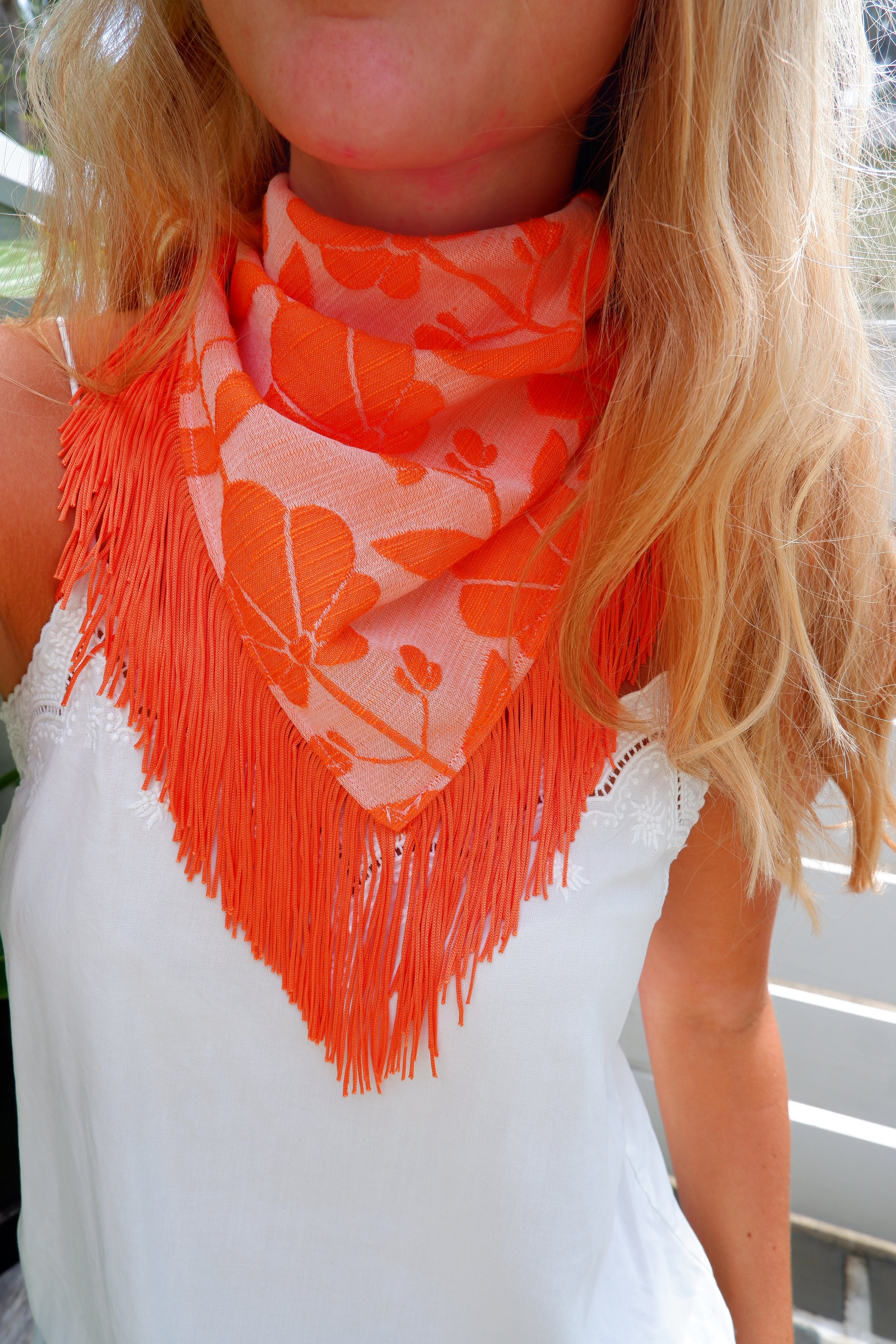 Orange Floral Neck Scarf with Tassel Fringe