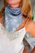Blue Floral Neck Scarf with Beaded Fringe