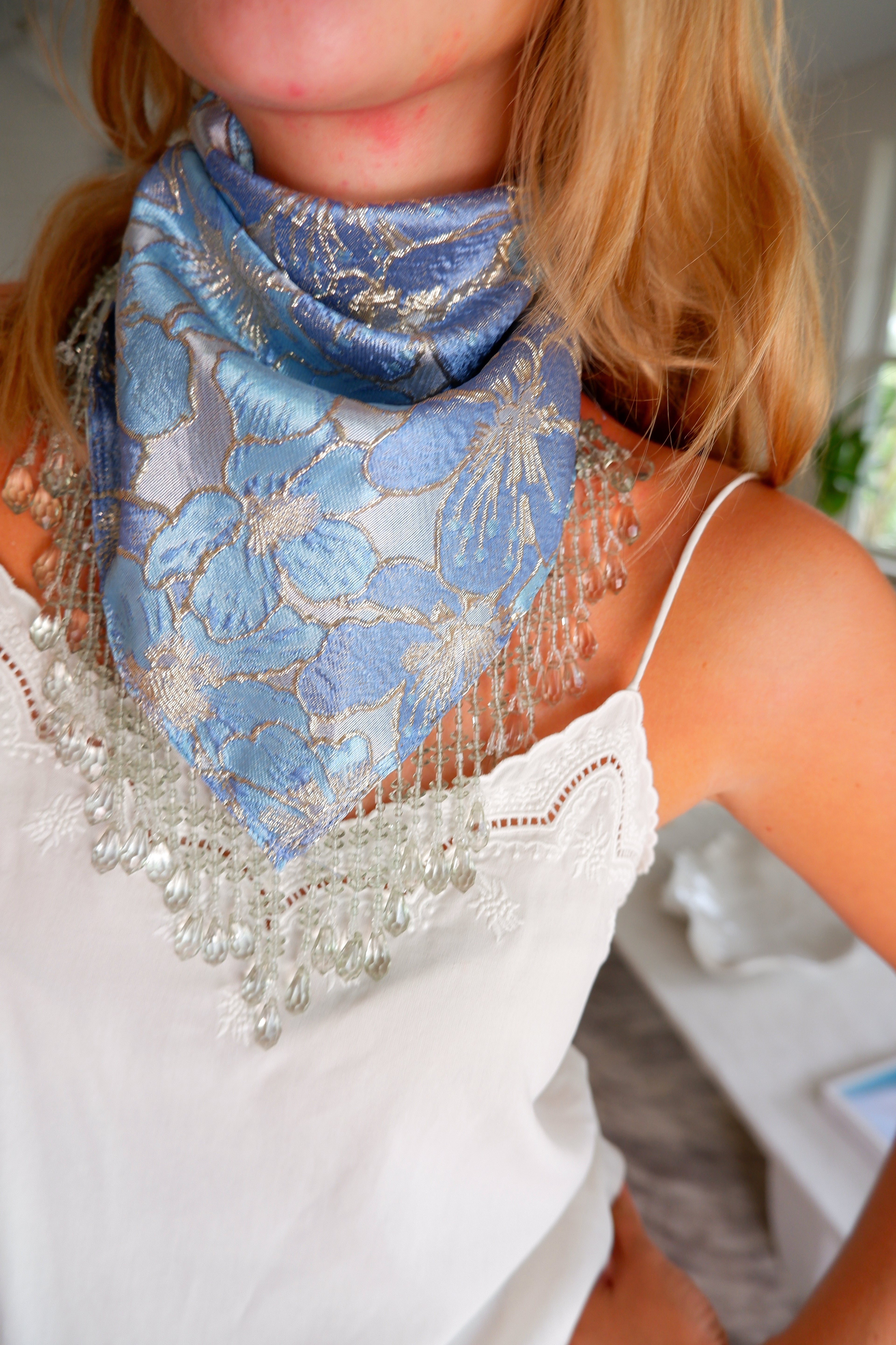 Blue Floral Neck Scarf with Beaded Fringe