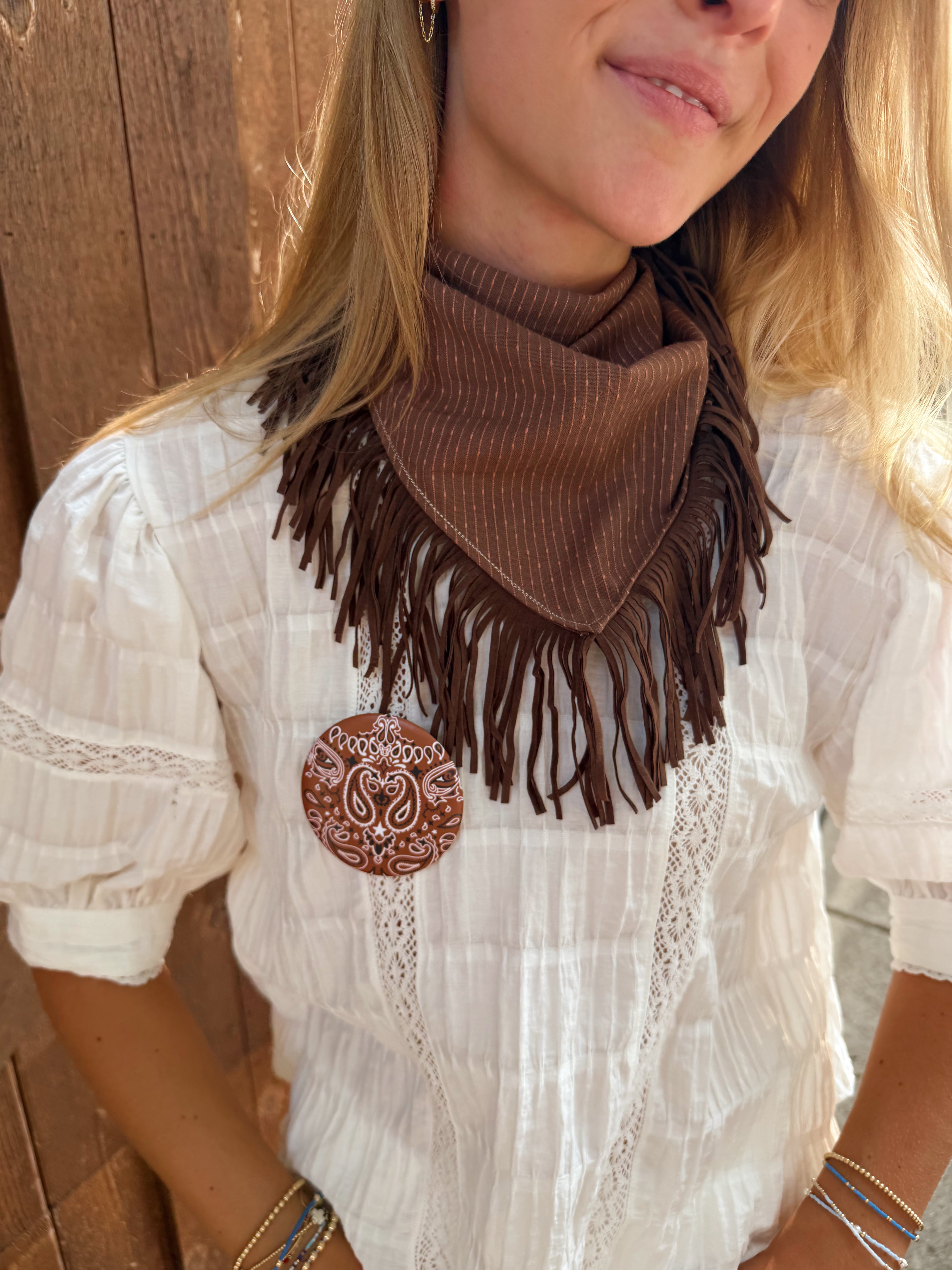 The Brown Suede Fringe Trim Neck Scarf