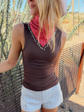 The Pink Gingham Beaded Trim Neck Scarf