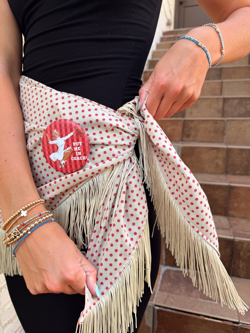 The Red Polka Dot Fringe Trim Waist Scarf