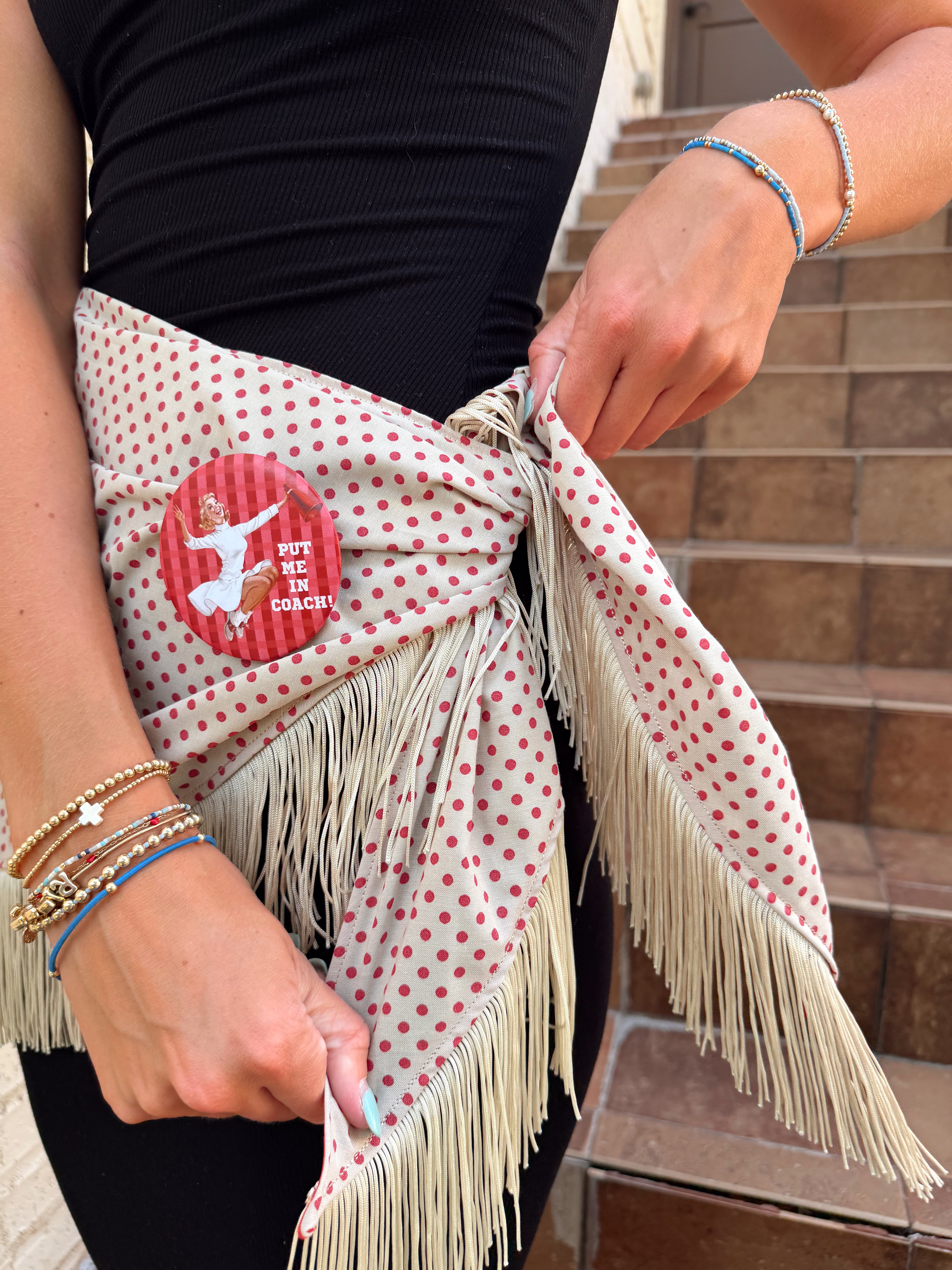 The Red Polka Dot Fringe Trim Waist Scarf
