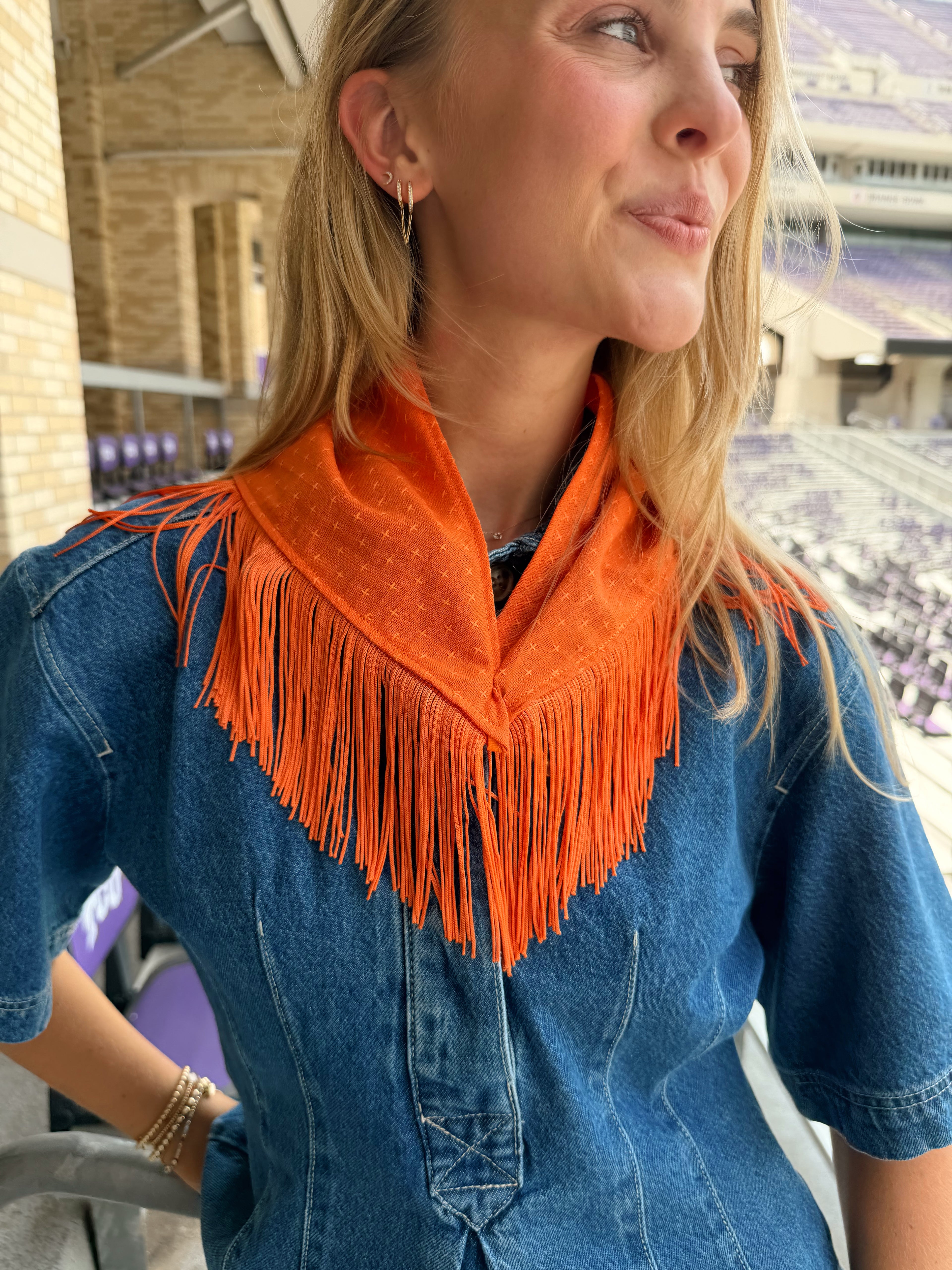 The Orange Cross Stitch Fringe Trim Neck Scarf