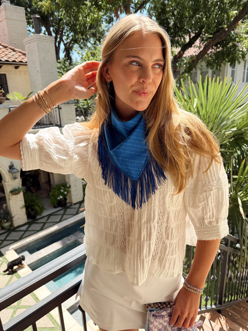 The Bright Blue Fringe Trim Neck Scarf