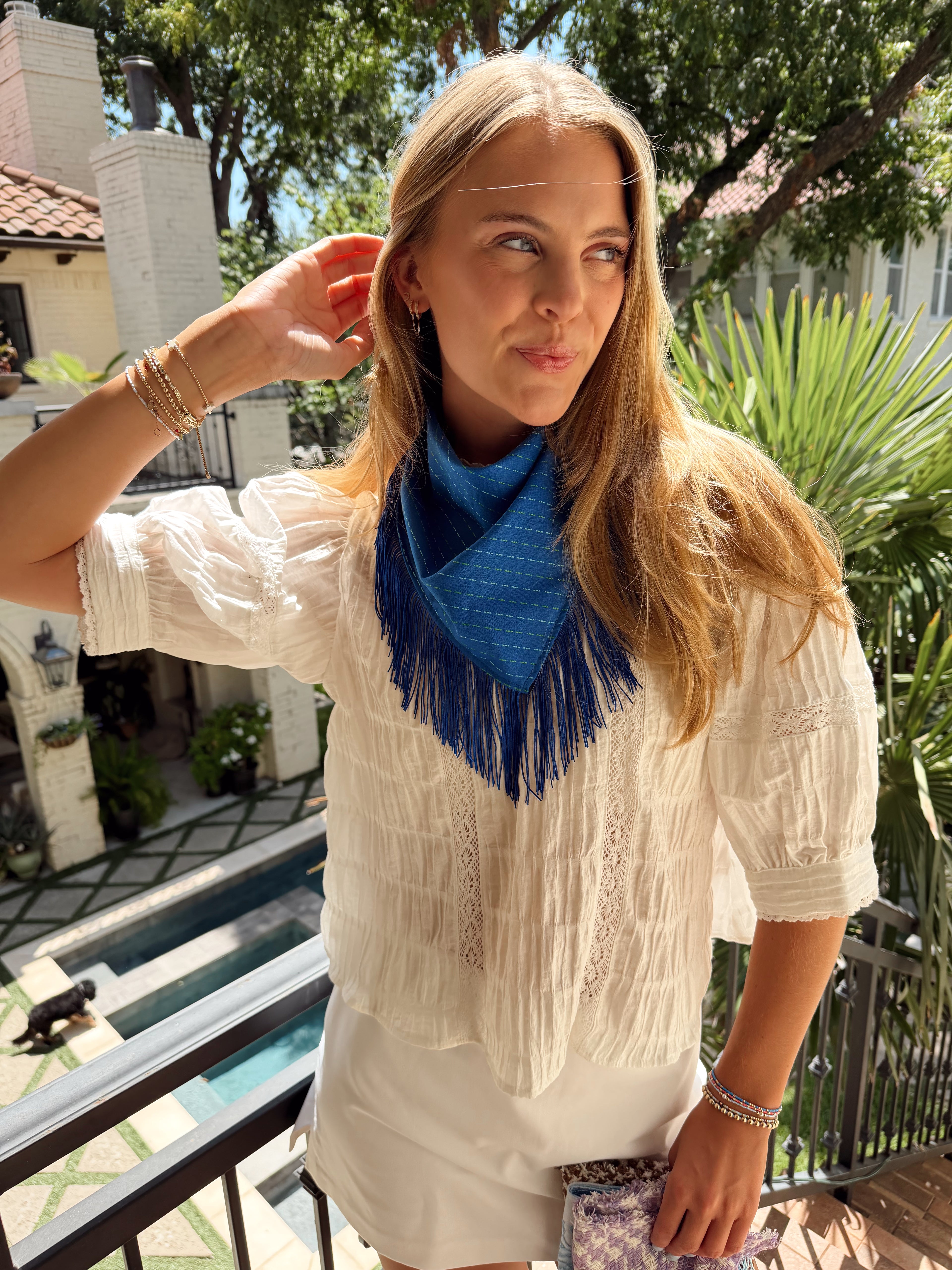 The Bright Blue Fringe Trim Neck Scarf