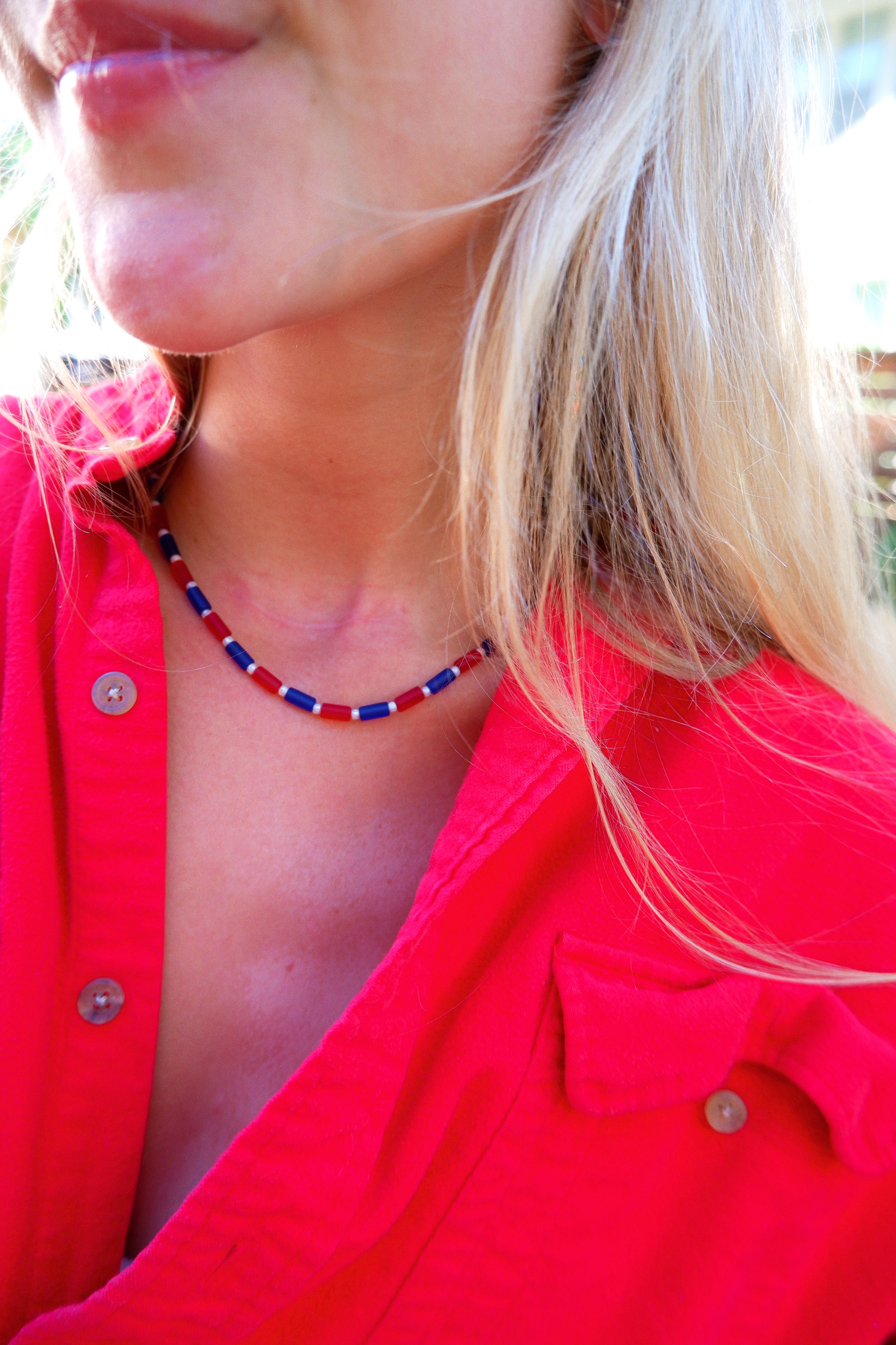 The Red and Blue Striped Beaded Necklace