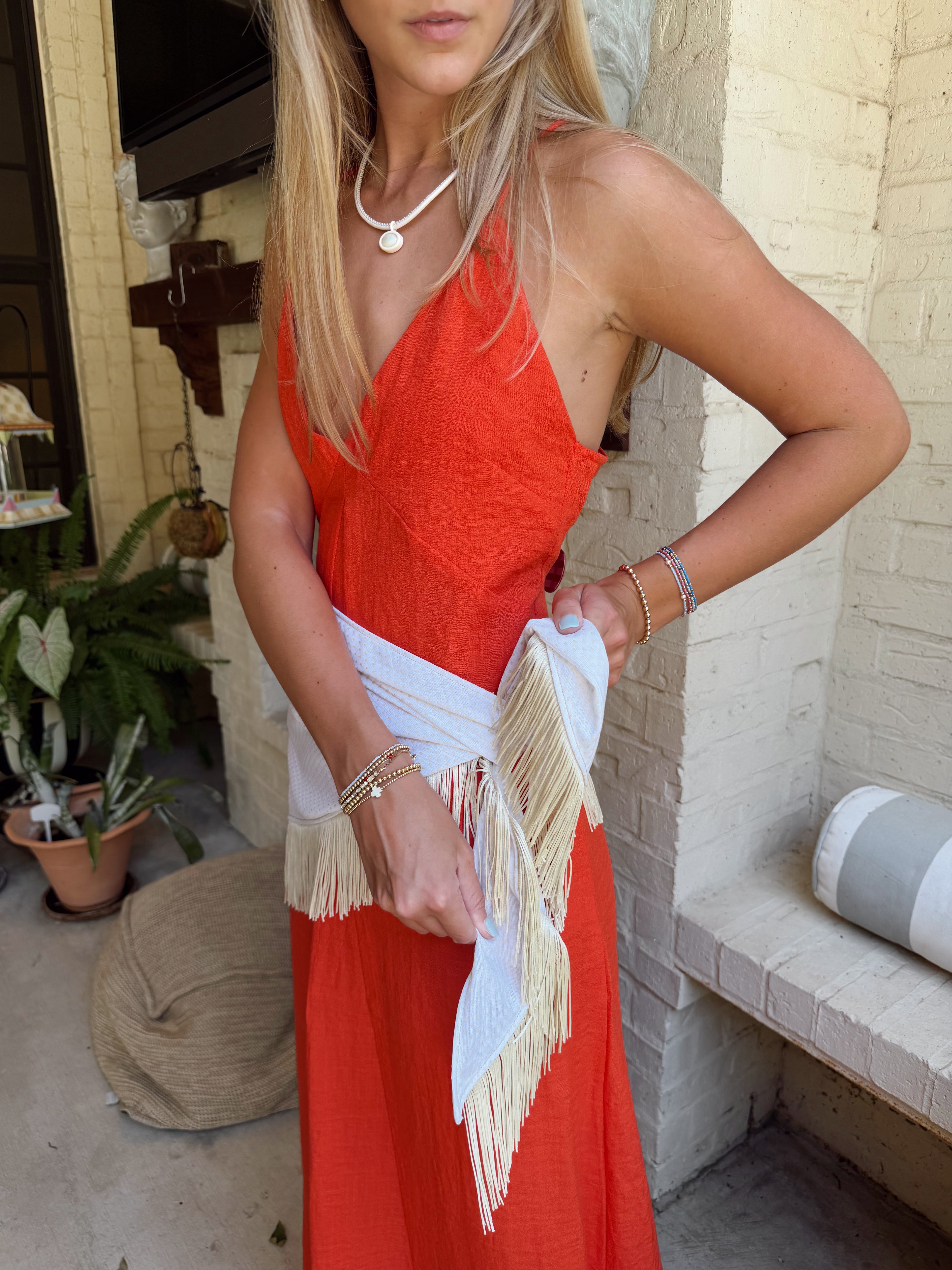 The White Fringe Trim Waist Scarf