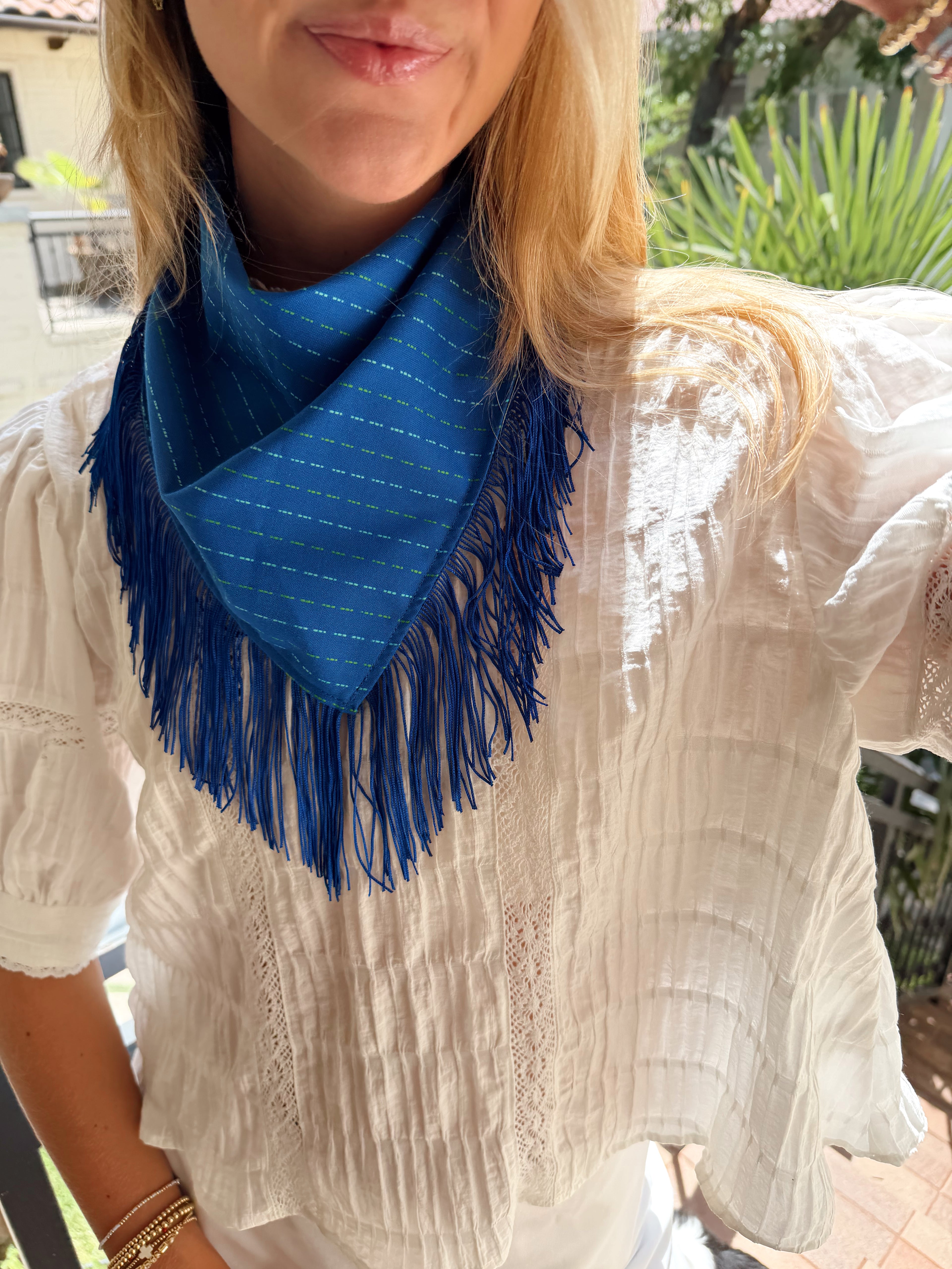 The Bright Blue Fringe Trim Neck Scarf