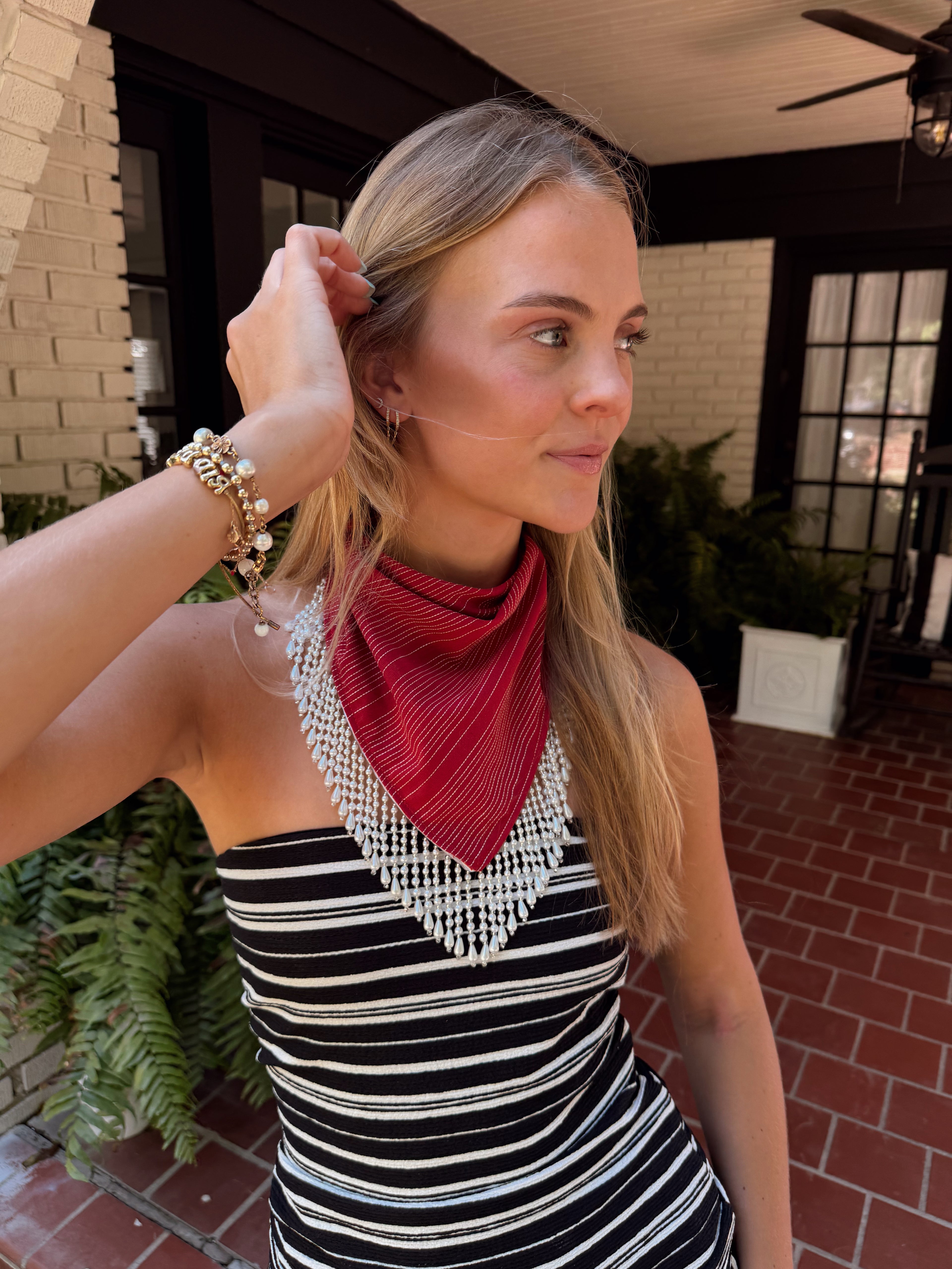 The Red and White Stripe Beaded Trim Neck Scarf