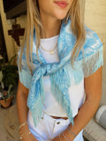 The Light Blue Brocade Fringe Trim Waist Scarf