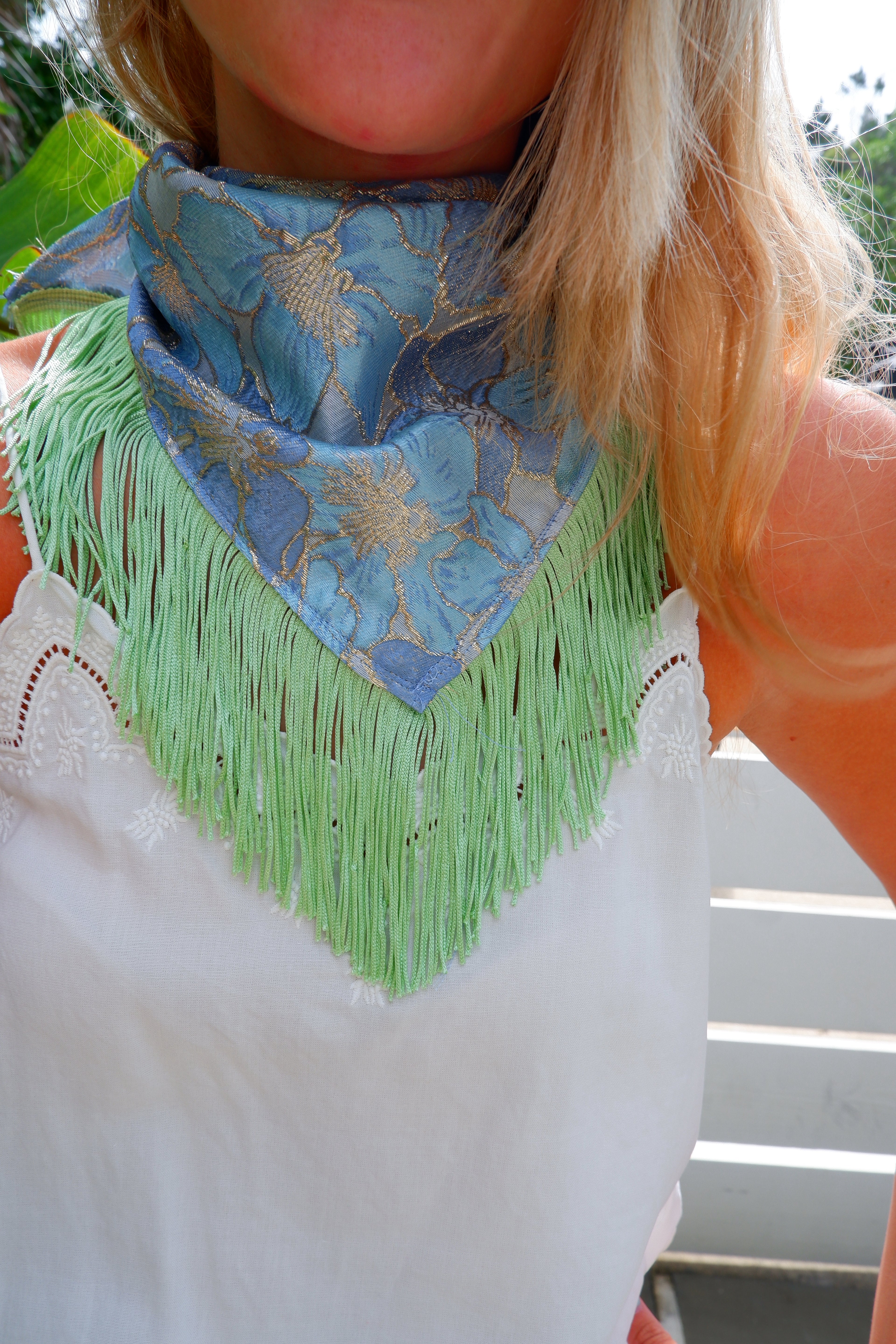 Blue Floral Neck Scarf with Tassel Fringe