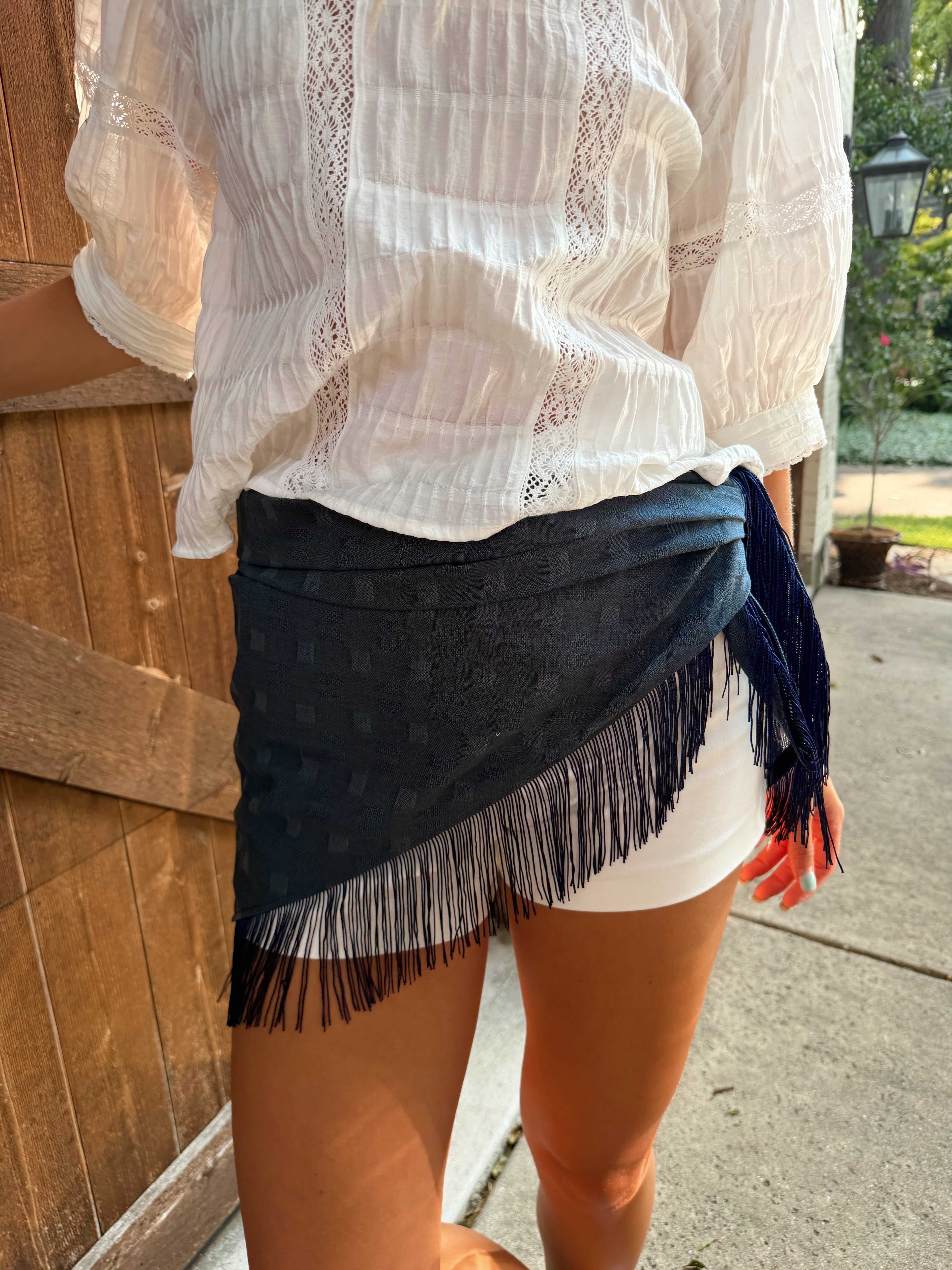 The Navy Fringe Trim Waist Scarf