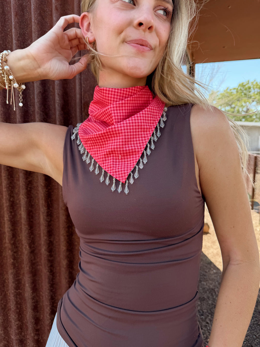 The Pink Gingham Beaded Trim Neck Scarf