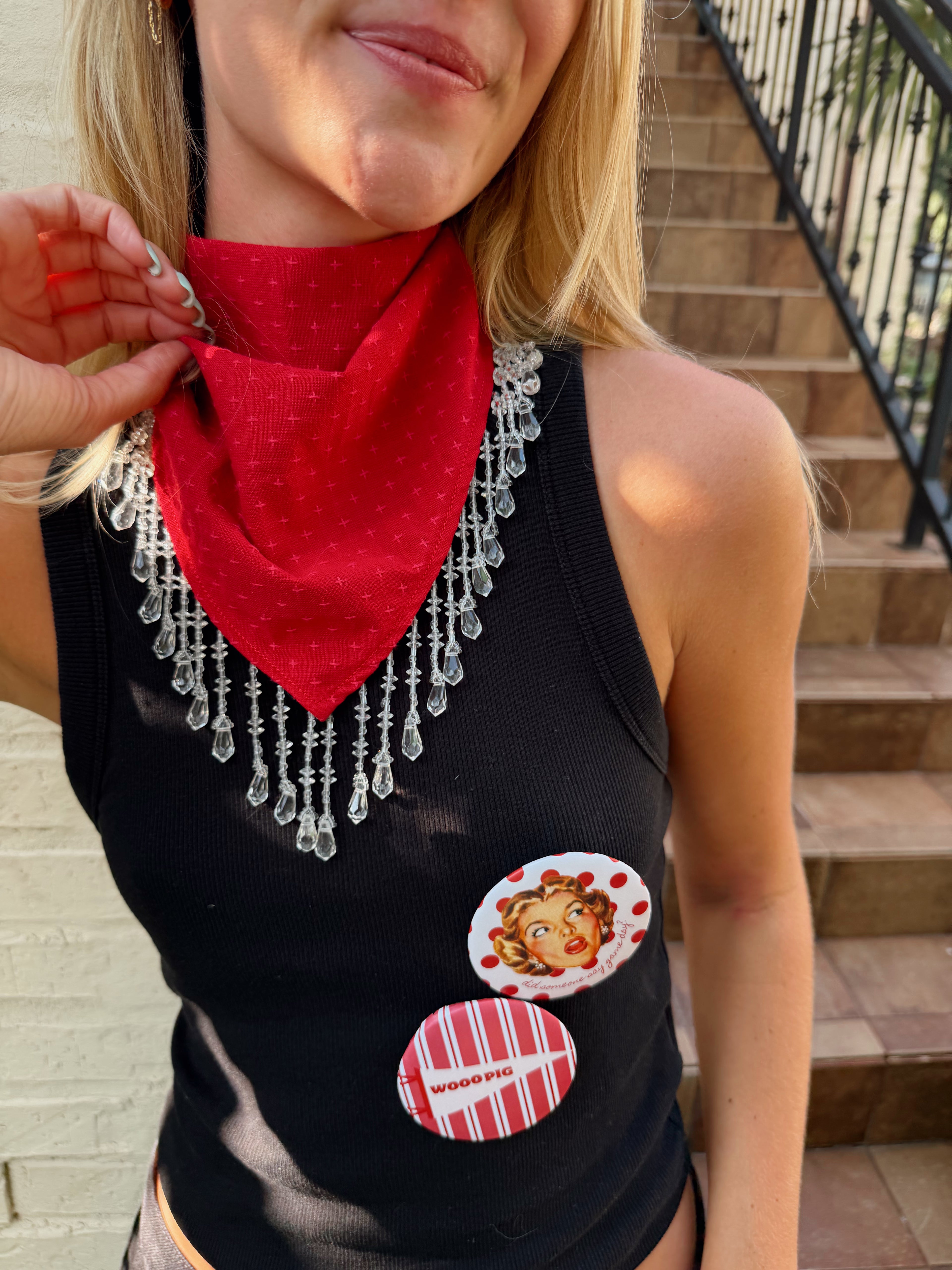 The Red Cross Stitch Beaded Trim Neck Scarf