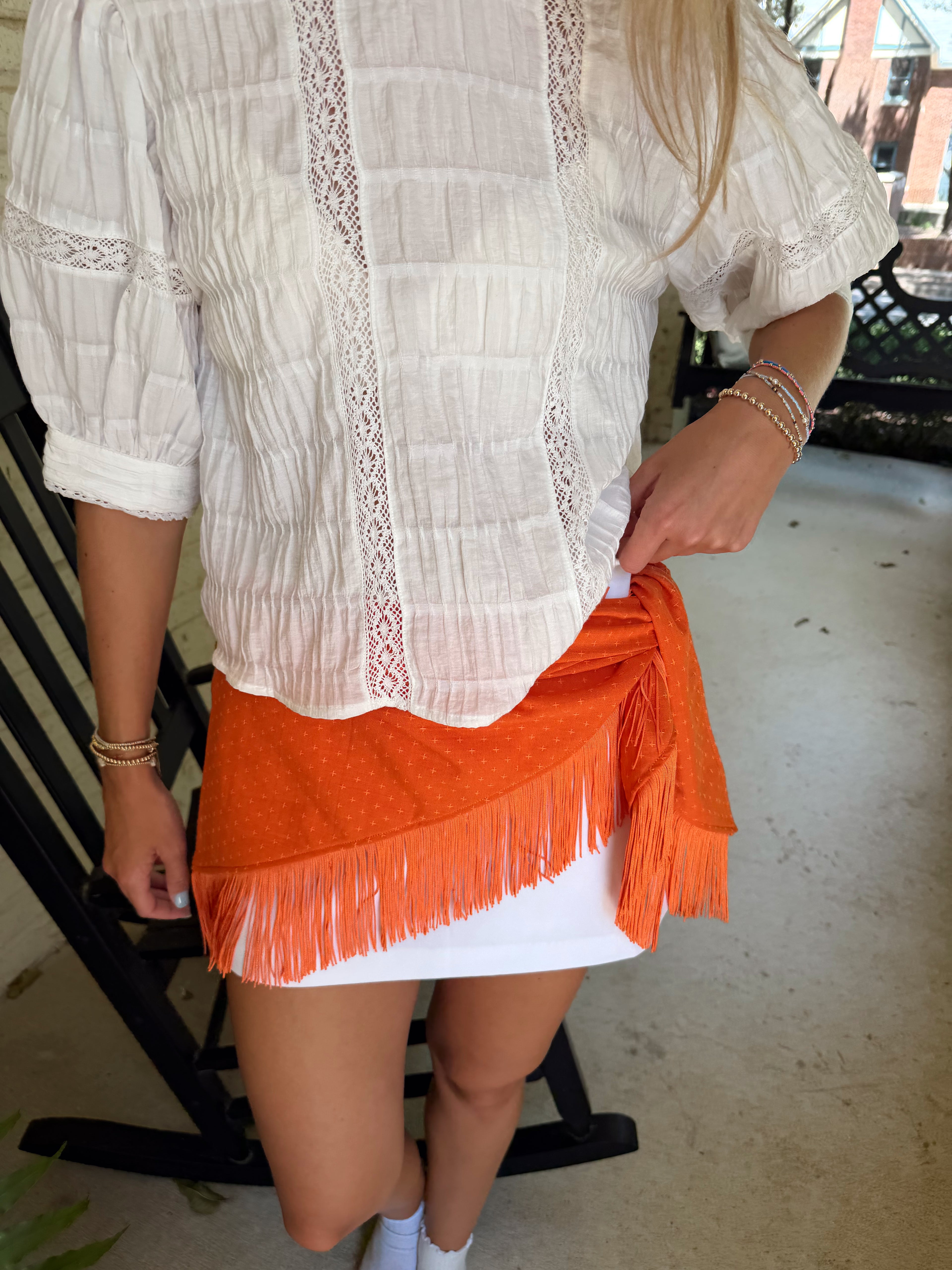 The Orange Cross Stitch Fringe Trim Waist Scarf