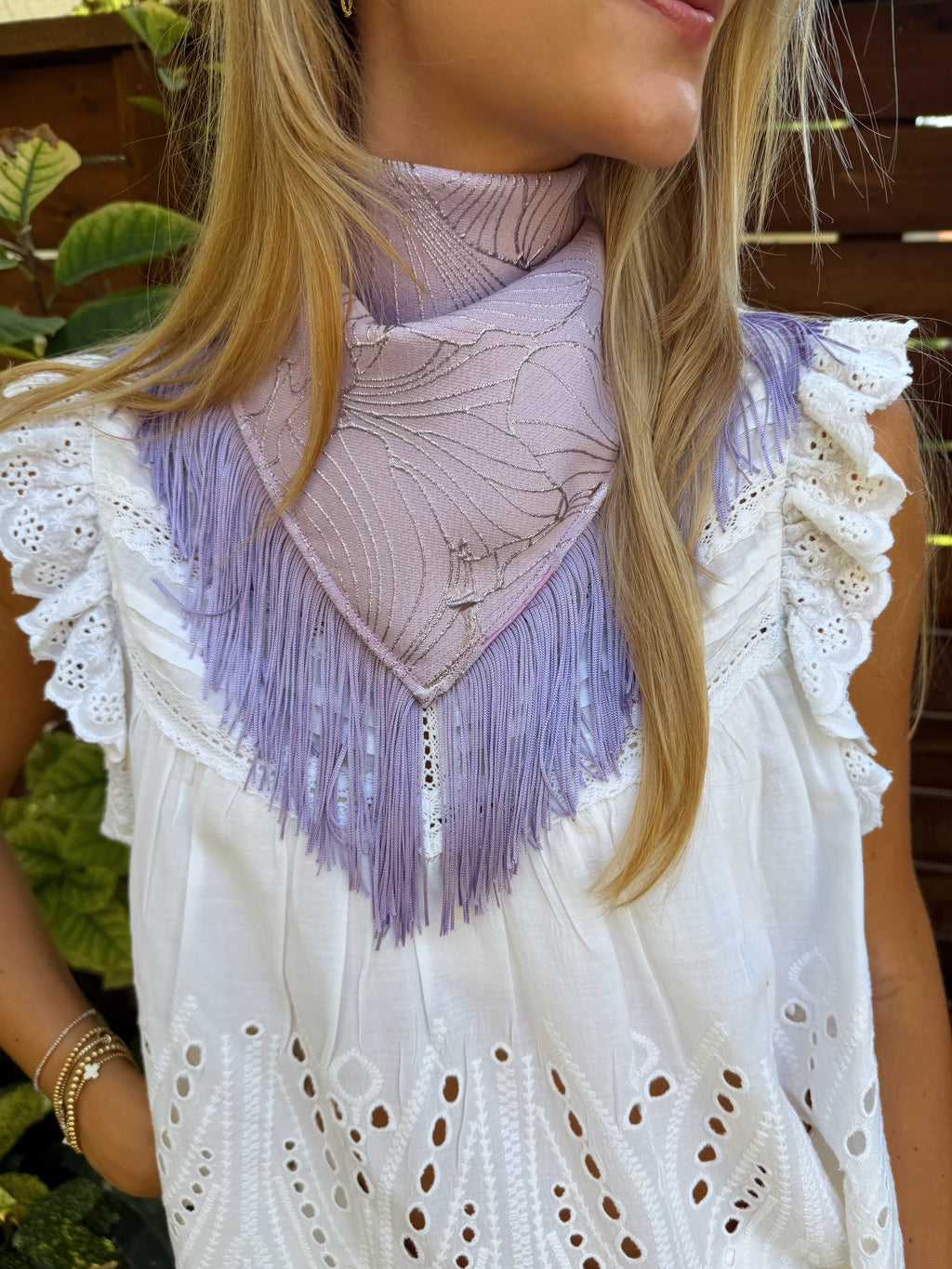 The Light Purple Brocade Fringe Trim Neck Scarf