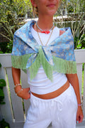 Blue Floral Waist Scarf with Tassel Fringe
