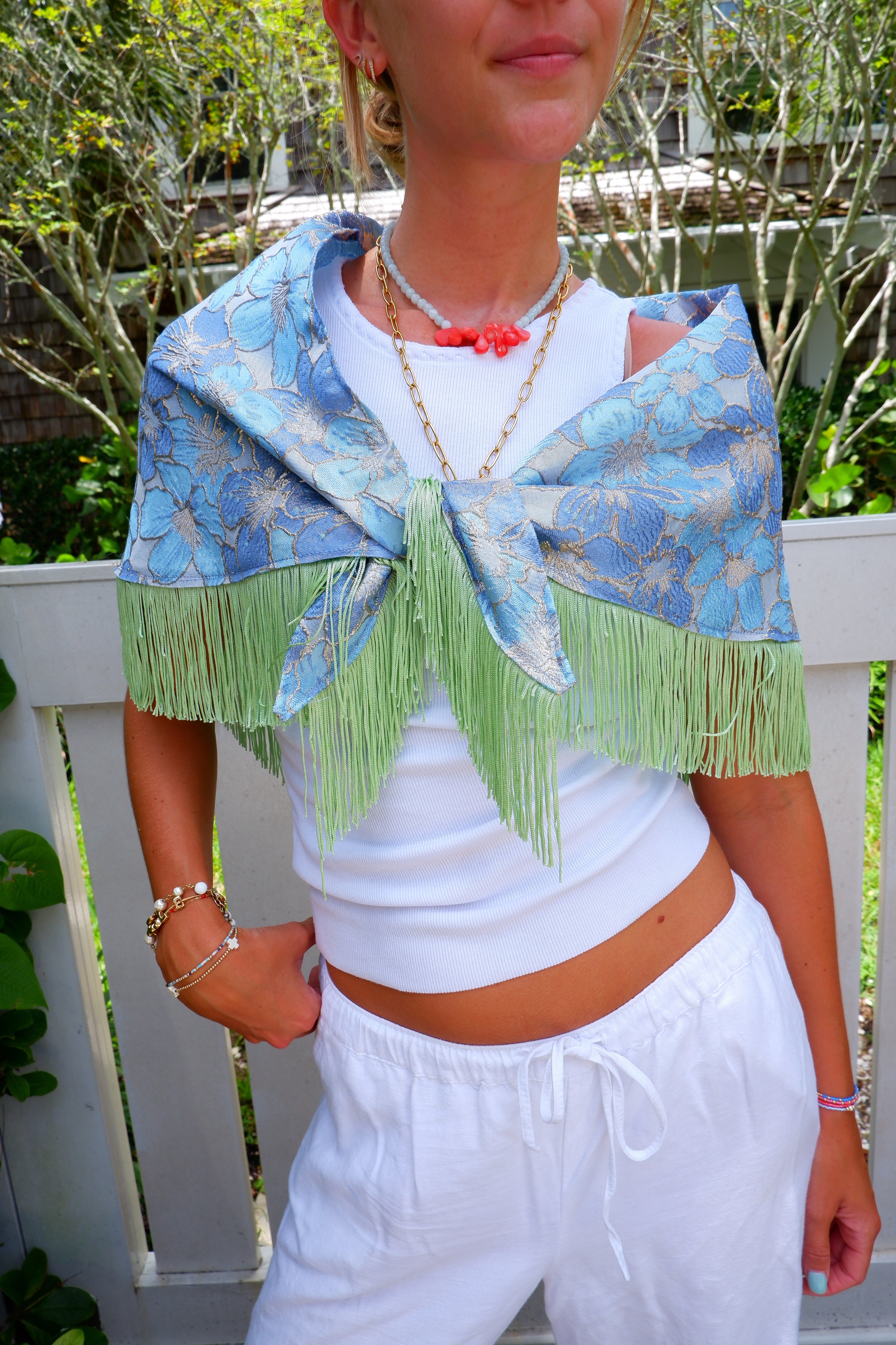 Blue Floral Waist Scarf with Tassel Fringe