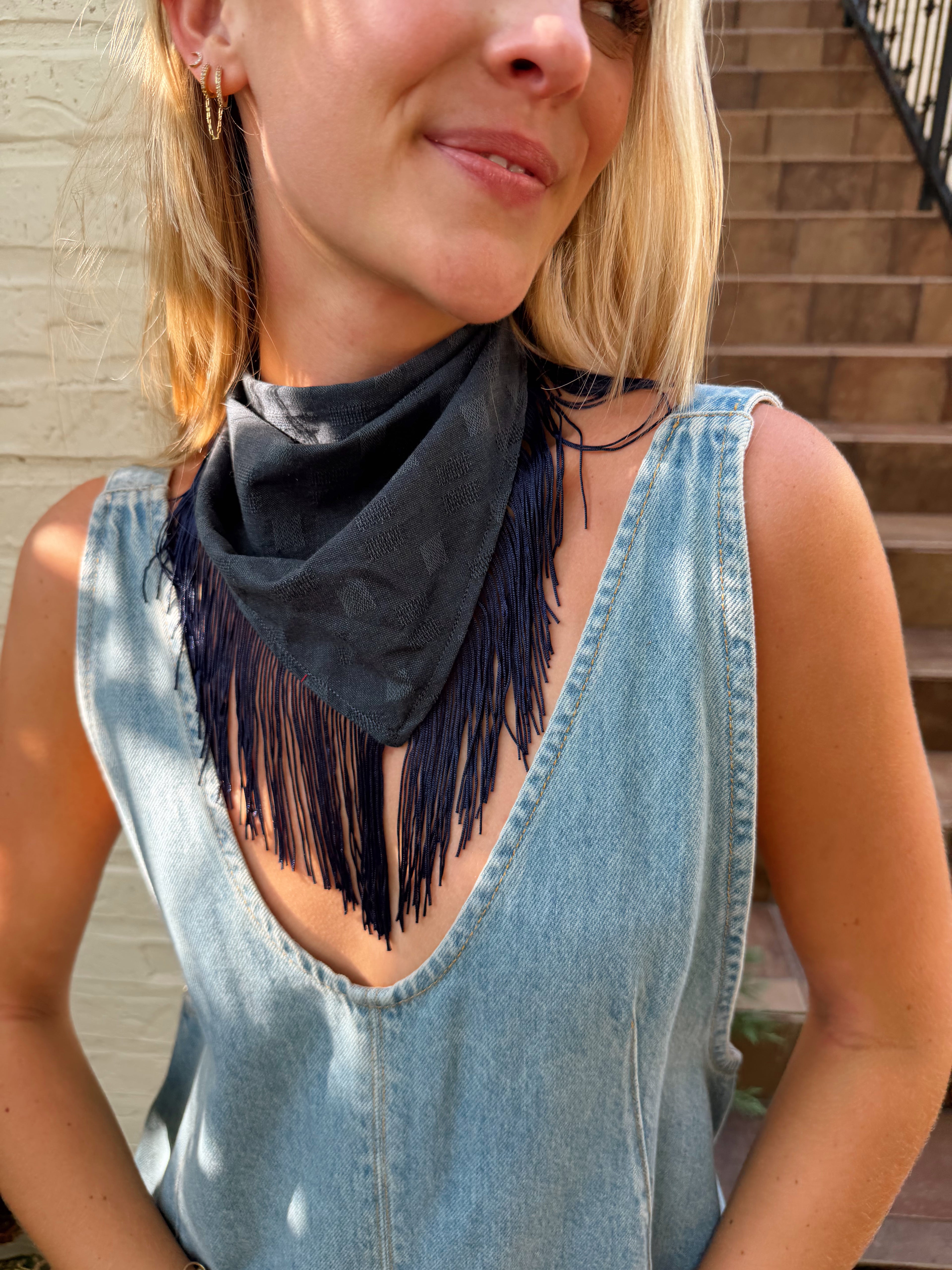 The Navy Fringe Trim Neck Scarf
