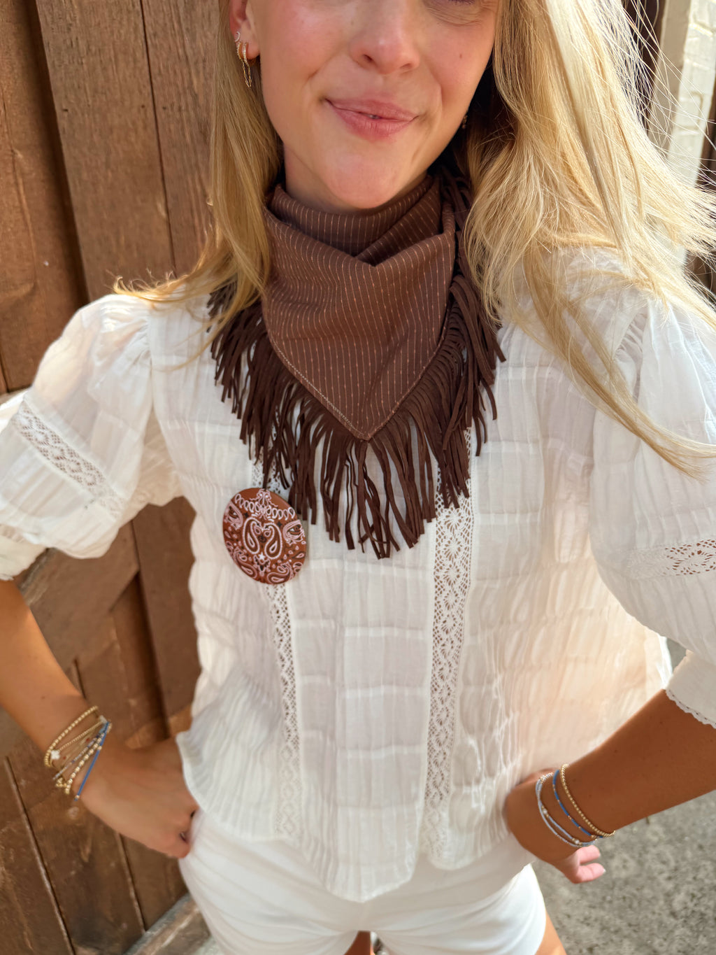 The Brown Suede Fringe Trim Neck Scarf