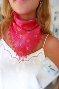Hot Pink Floral Neck Scarf with Beaded Fringe